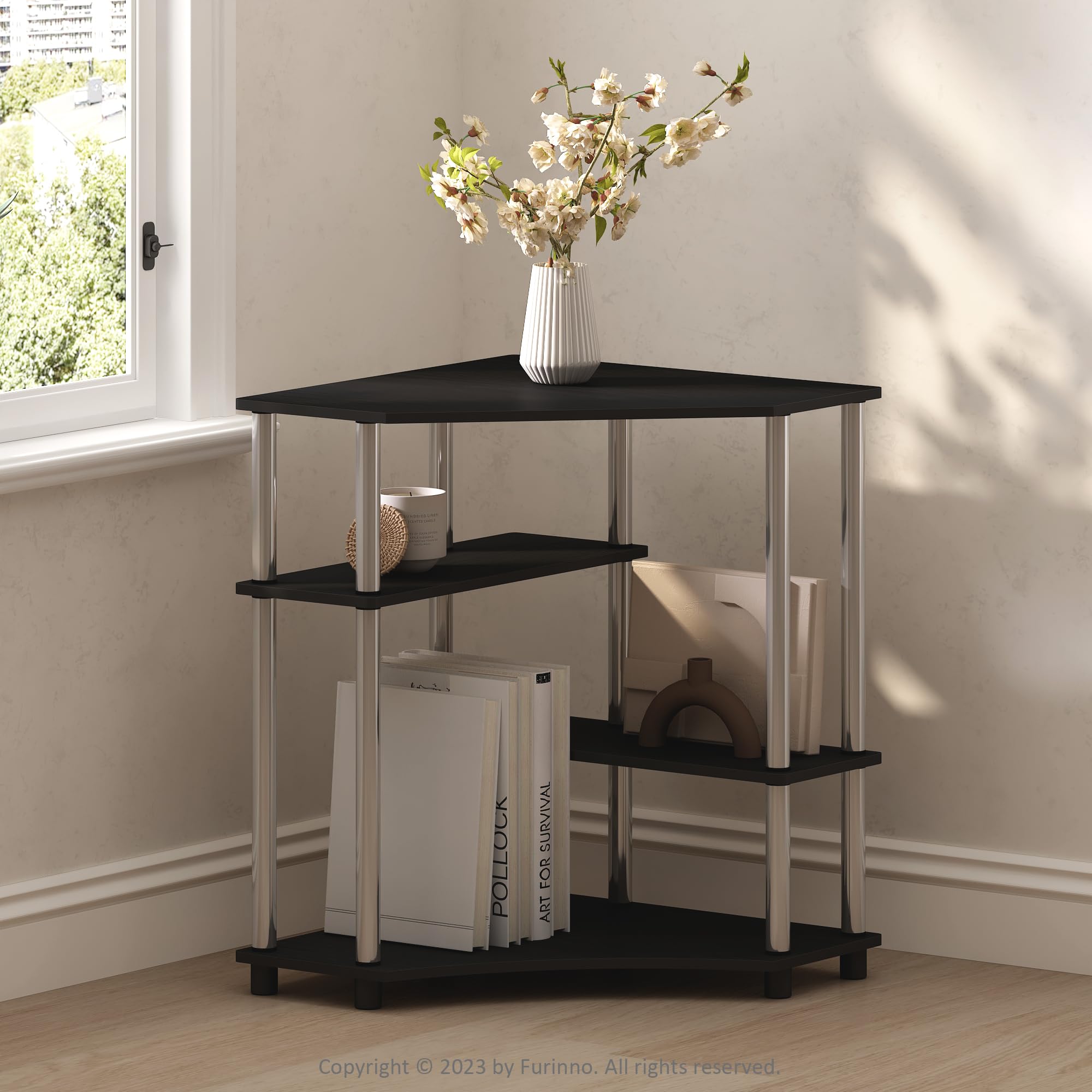Furinno TURN-N-TUBE Storage Shelves, 4-Tier Corner Shelf, Display Rack, Corner Bookshelf, for Organization and Storage, Living Room, Home Office, Americano