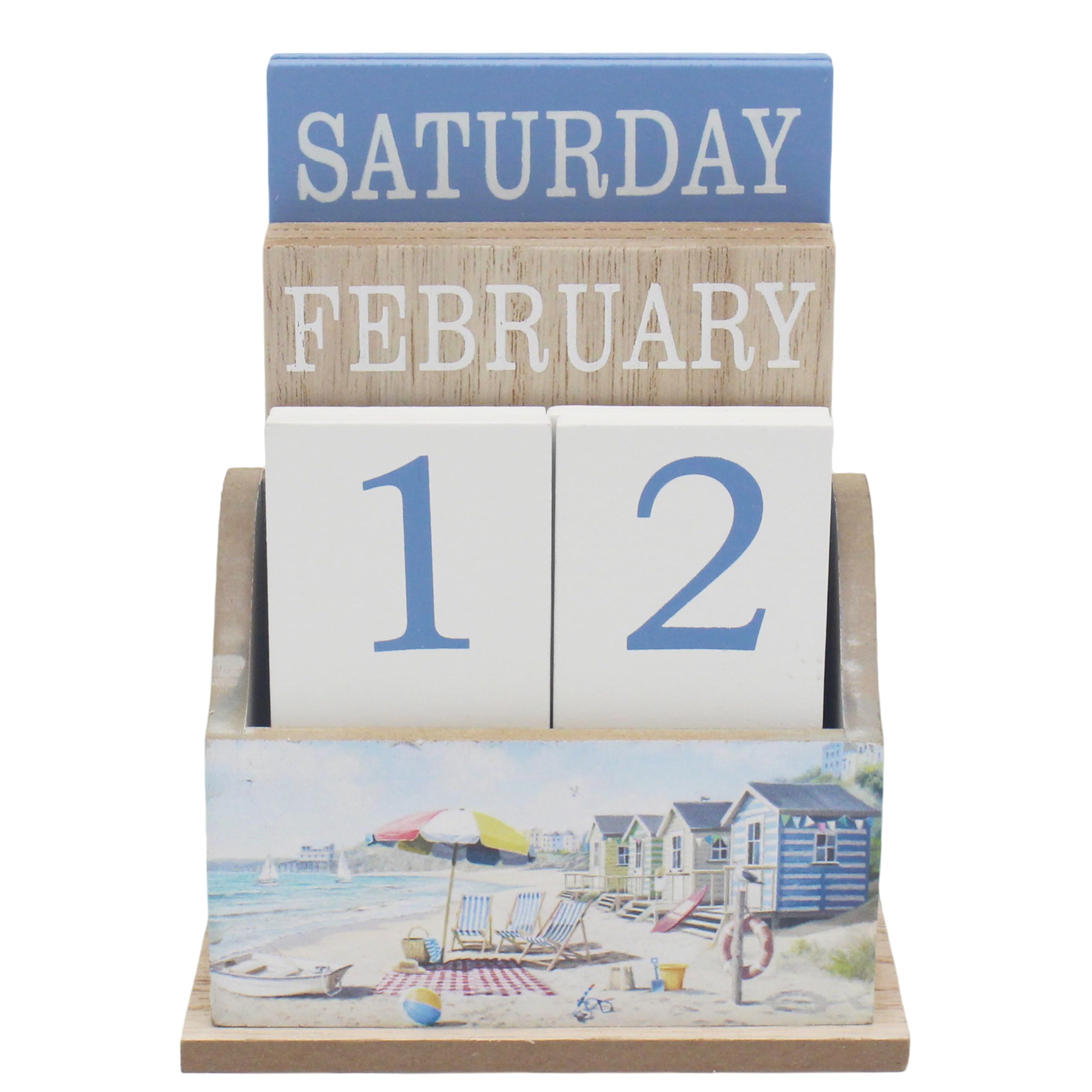 Perpetual Desk Calendar Sandy Beach Blue Wooden Base Office Decor from B&Q