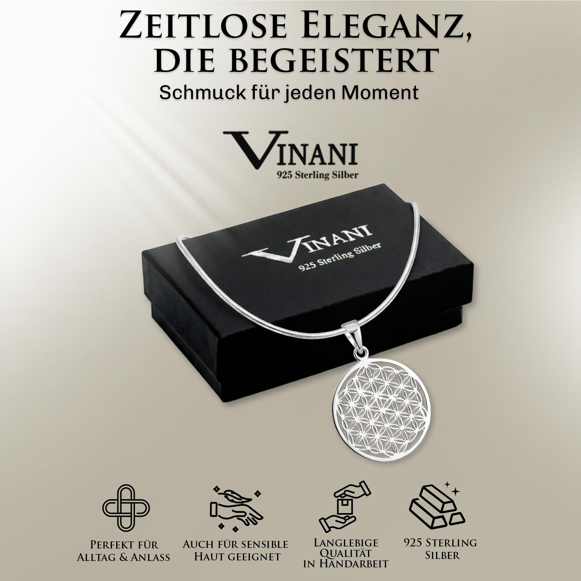 Vinani Lebensblume Anhänger mit Schlangenkette 925 Sterling Silber ALB-S | Lebensblume Anhänger aus 925 Sterling Silber mit Schlangenkette aus Italien, nickelfrei, glänzend.