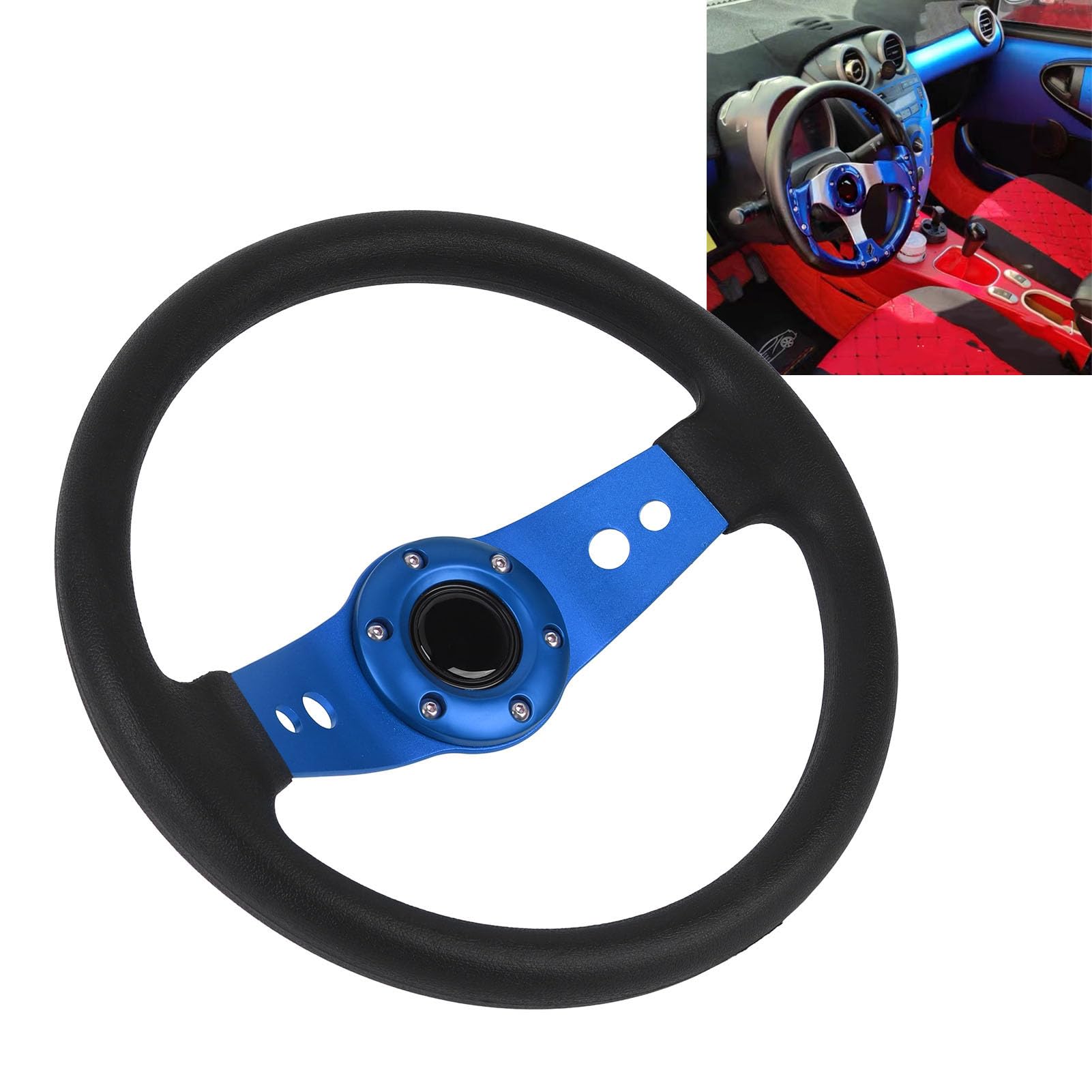 13-Zoll-Auto-Lenkrad Rennsport-Lenkrad PU Stilvoller Look Schlagfester Verbesserter Griff Einfache Installation Rennlenkrad für Fahrzeuge (BLUE)