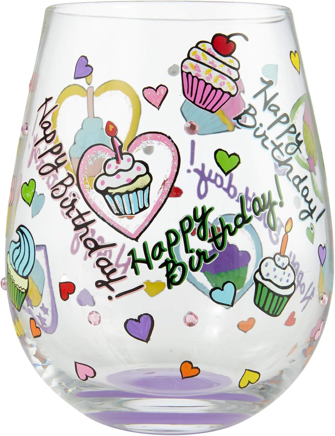 Enesco 6006946 Designs by Lolita Birthday Cupcakes Hand-Painted Artisan Stemless Wine Glass, 20 Ounce, Multicolor