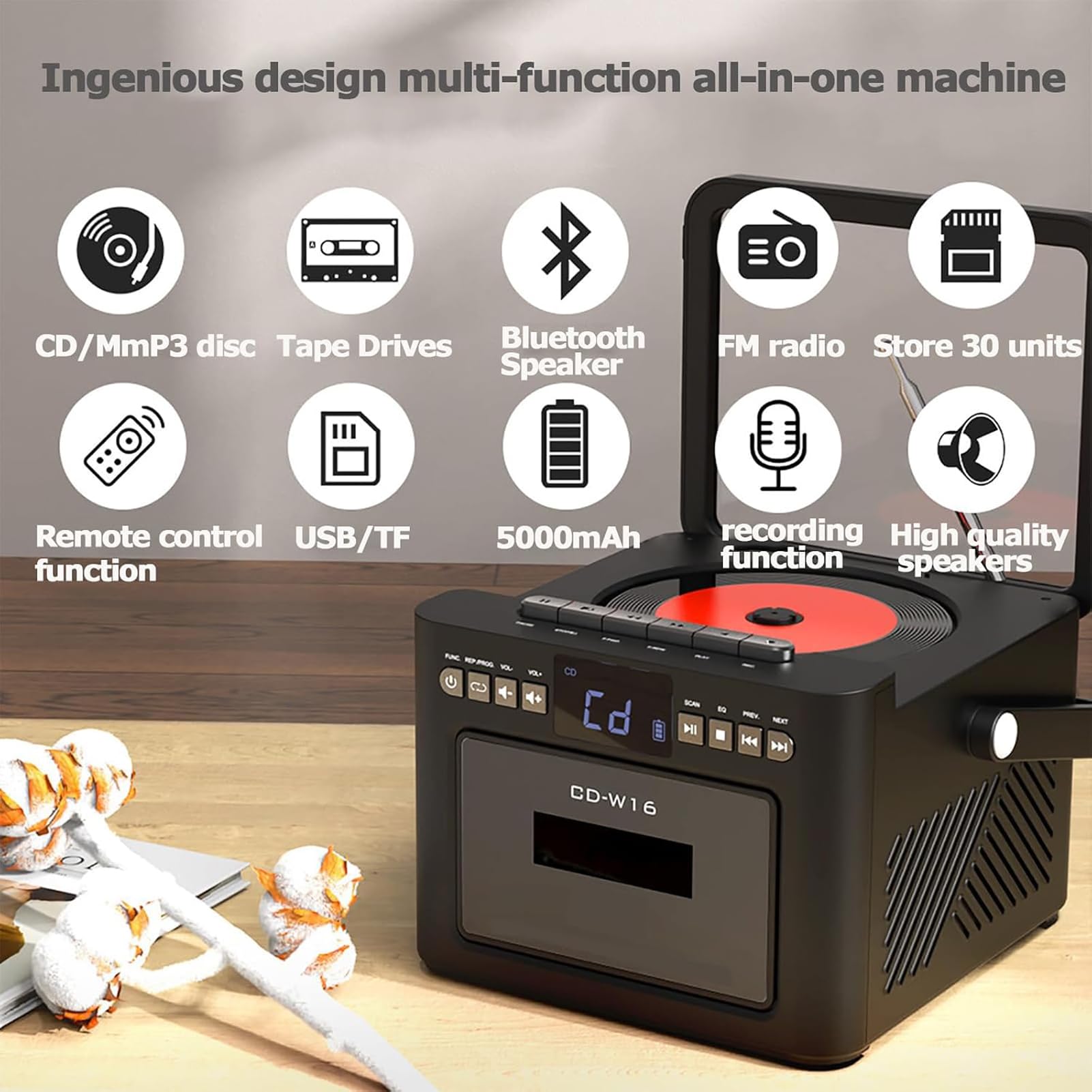 Lettore CD portatile 5000mAh, Lettore di Cassette Boombox Bluetooth 5.1 | Con Display Led e Telecomando, Doppi Altoparlanti Stereo da 5 W, Radio Fm, Registrazione Su Nastro(white)