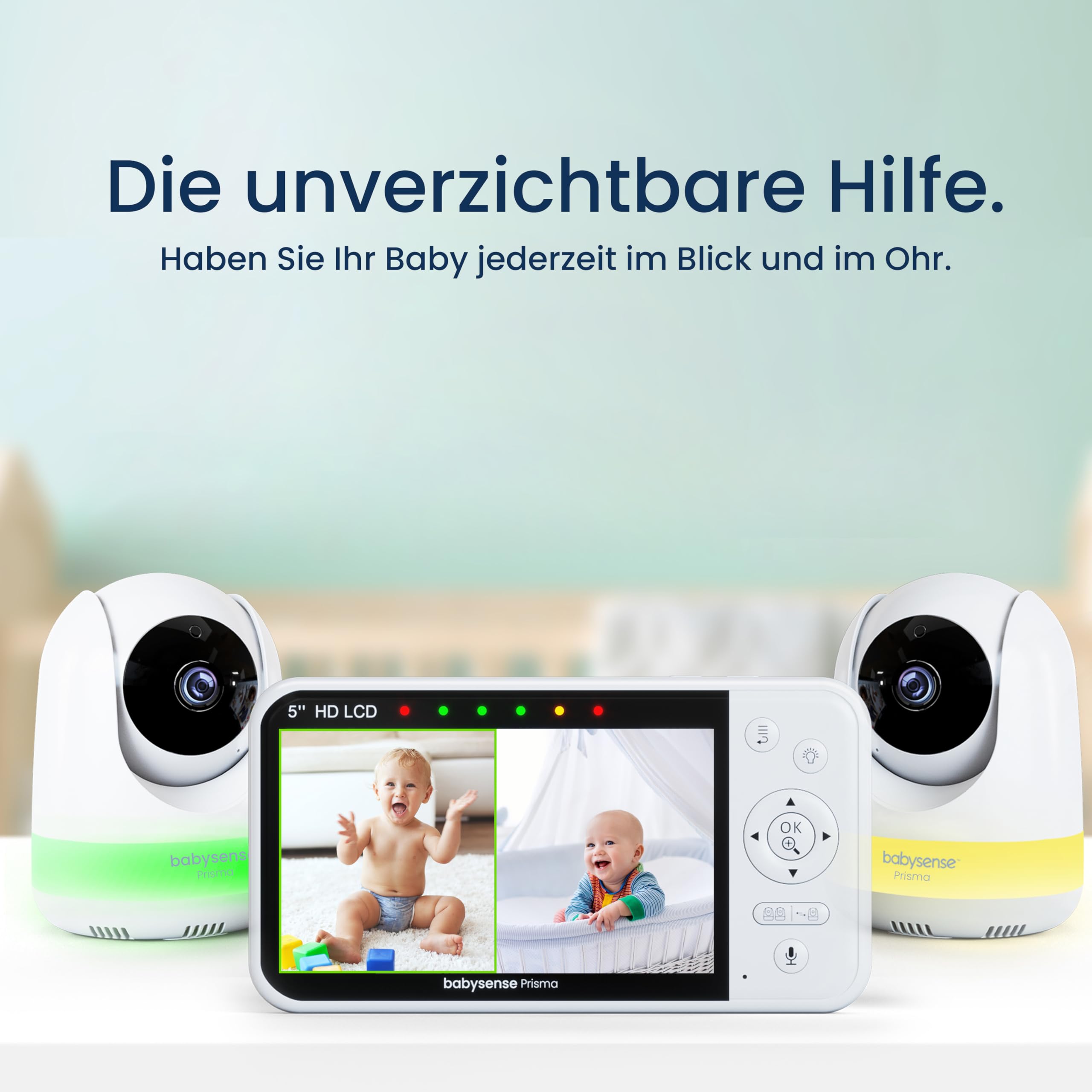 Babysense Babyphone 720p HD 5 Zoll mit 2 Kameras, Video Babyphone ohne WLAN, 6-Farben-Nachtlicht, Wiegenlieder, 300m Reichweite, Zwei-Wege-Audio, 4-facher Zoom, 4000mAh Akku