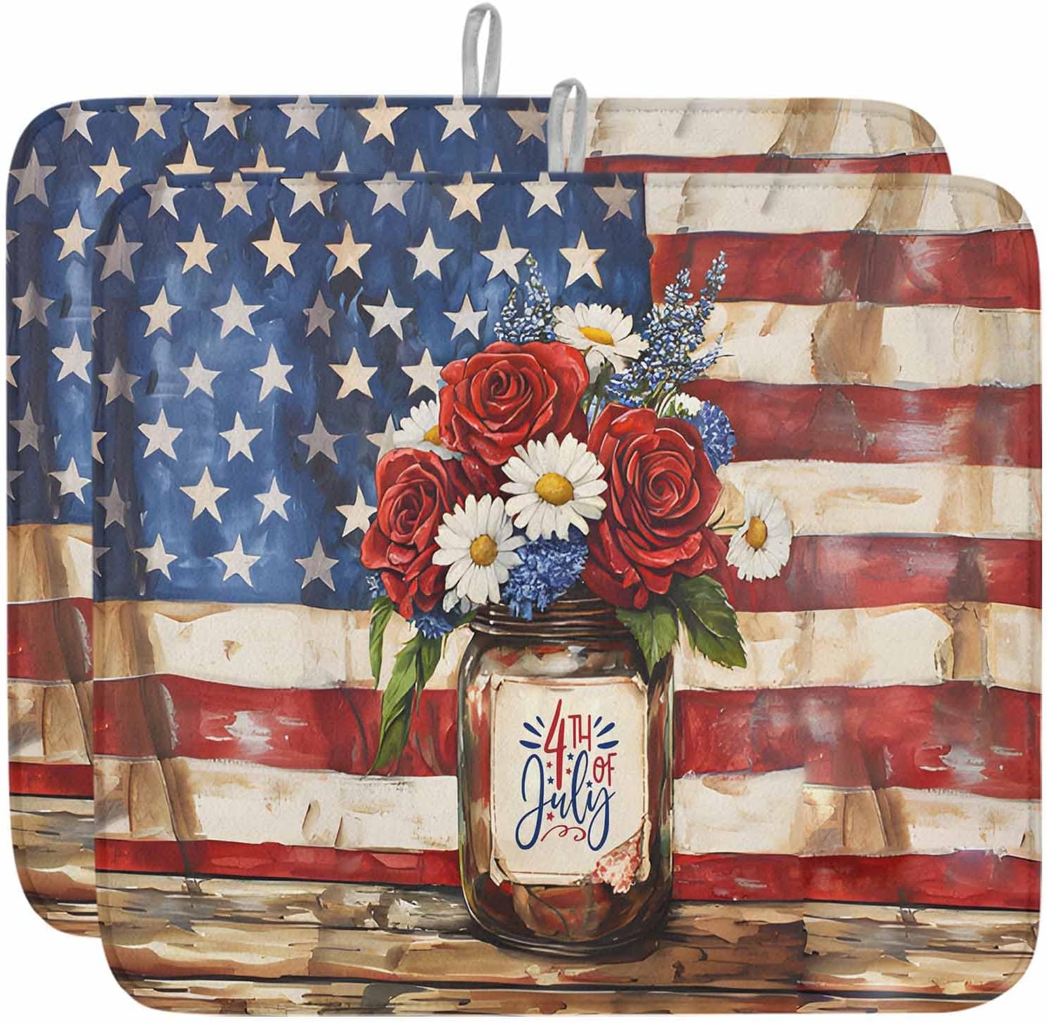 Dish Drying Mat Set of 2 July 4th Flag Day Microfiber Absorbent Reusable Washable Dish Drying Rack Mat Star Stripe Floral Coffee Mat for Coffee Maker Bar Kitchen Countertops 18x24inch