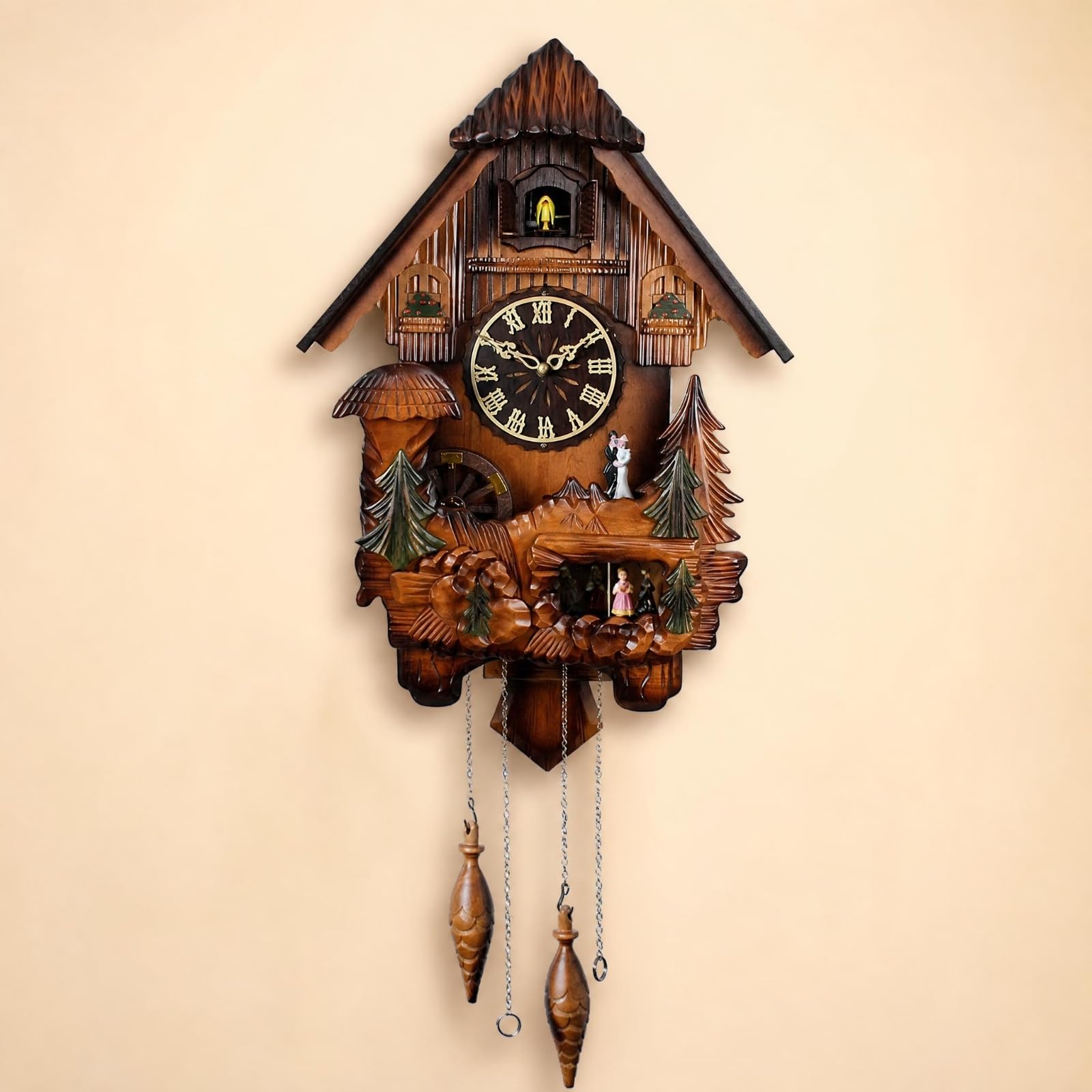 F Fityle Reloj de Pared Reloj con Reloj de Madera Reloj Colgante de Basswood con Forma de Casa con Cadena Colgante y Pesas con Aspecto de Adecuado para Sala de, 518 Esfera Romana