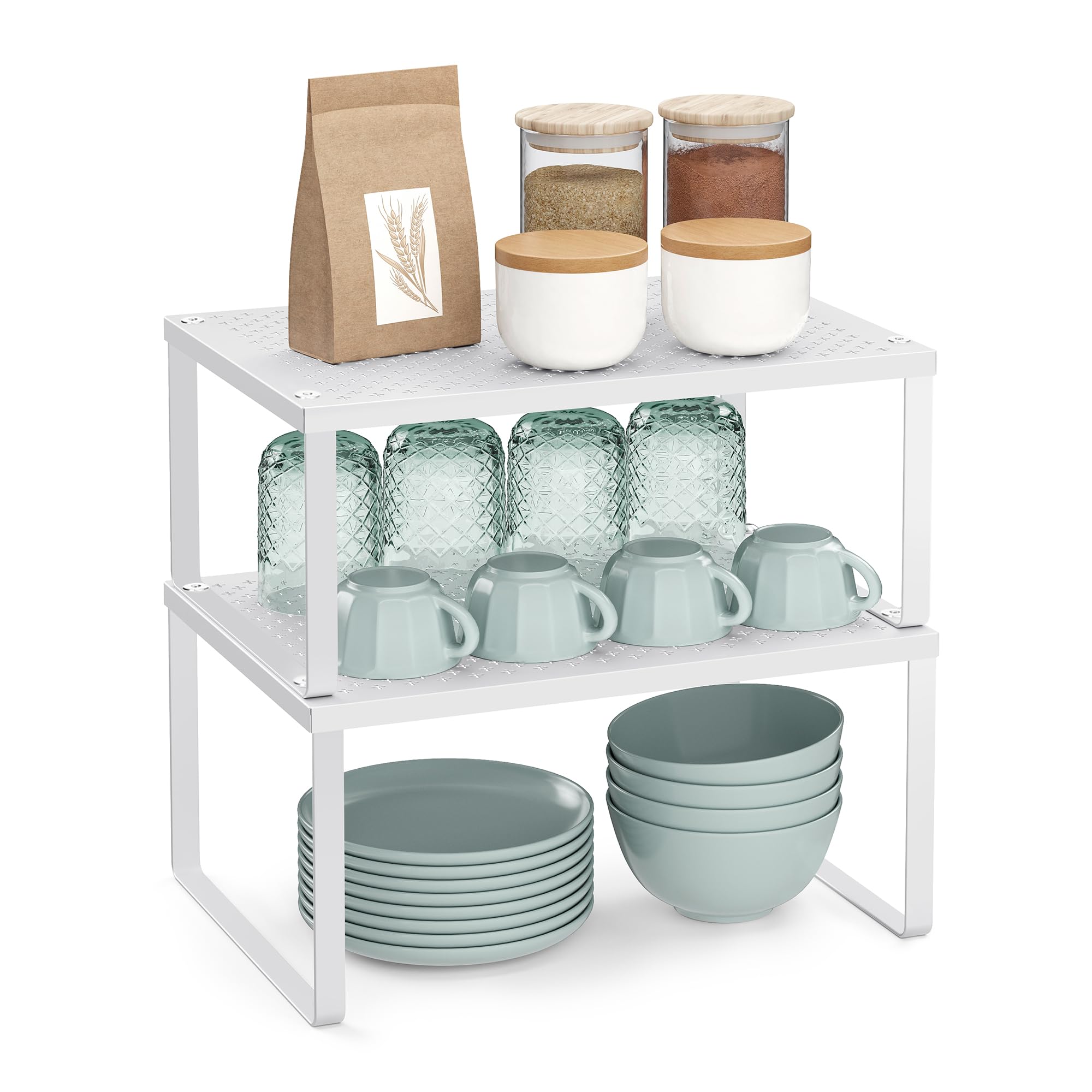 Songmics White Spice Racks, Set Of 2 Cupboard Organisers, Kitchen Storage, Stackable, Expandable, Metal Counter Shelves, Kcs01wt
