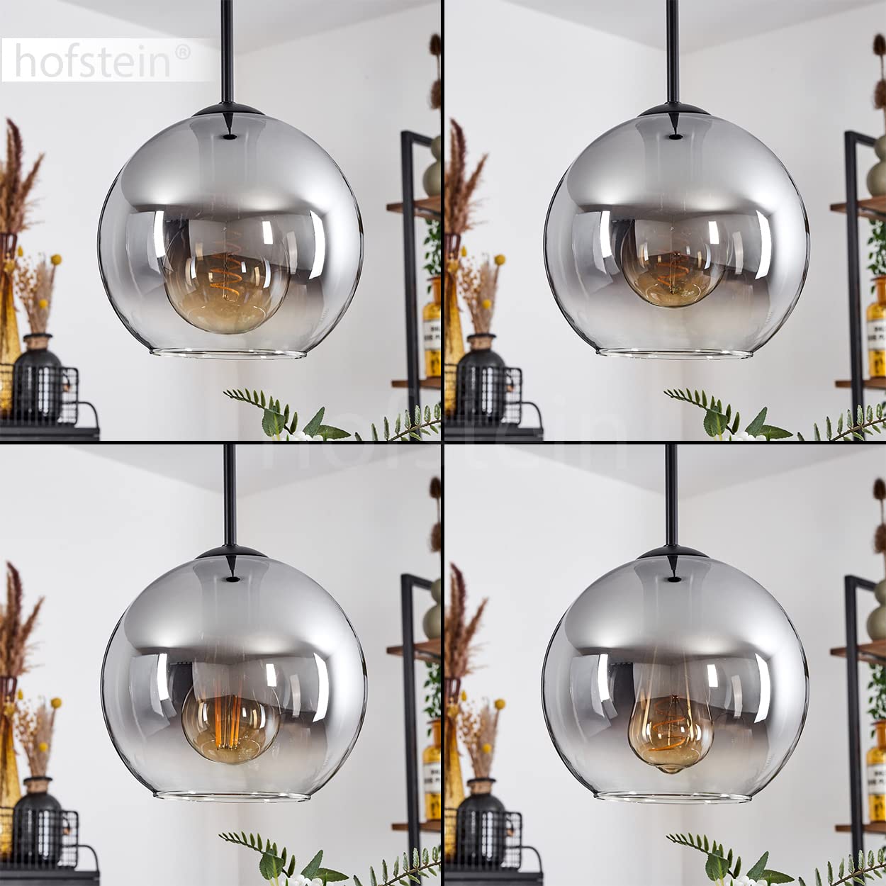 HOFSTEIN Hängeleuchte Koyoto, 1-flammige Hängelampe aus Metall/Glas in Schwarz/Rauchfarben/Klar, moderne Pendelleuchte im Retro/Vintage-Design, Ø 20 cm, E27, Esszimmer, Küche, Wohnzimmer