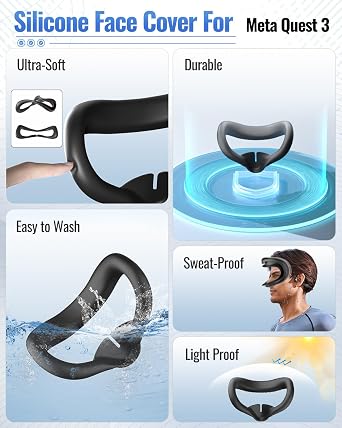 Silicone Cover for Meta Quest 3 Face Pad, OLCLSS Facial Interface for Oculus/Meta Quest 3 Accessories, VR Headset Silicone Face Cover with Lens Cover and Joystick Caps, Durable and Washable
