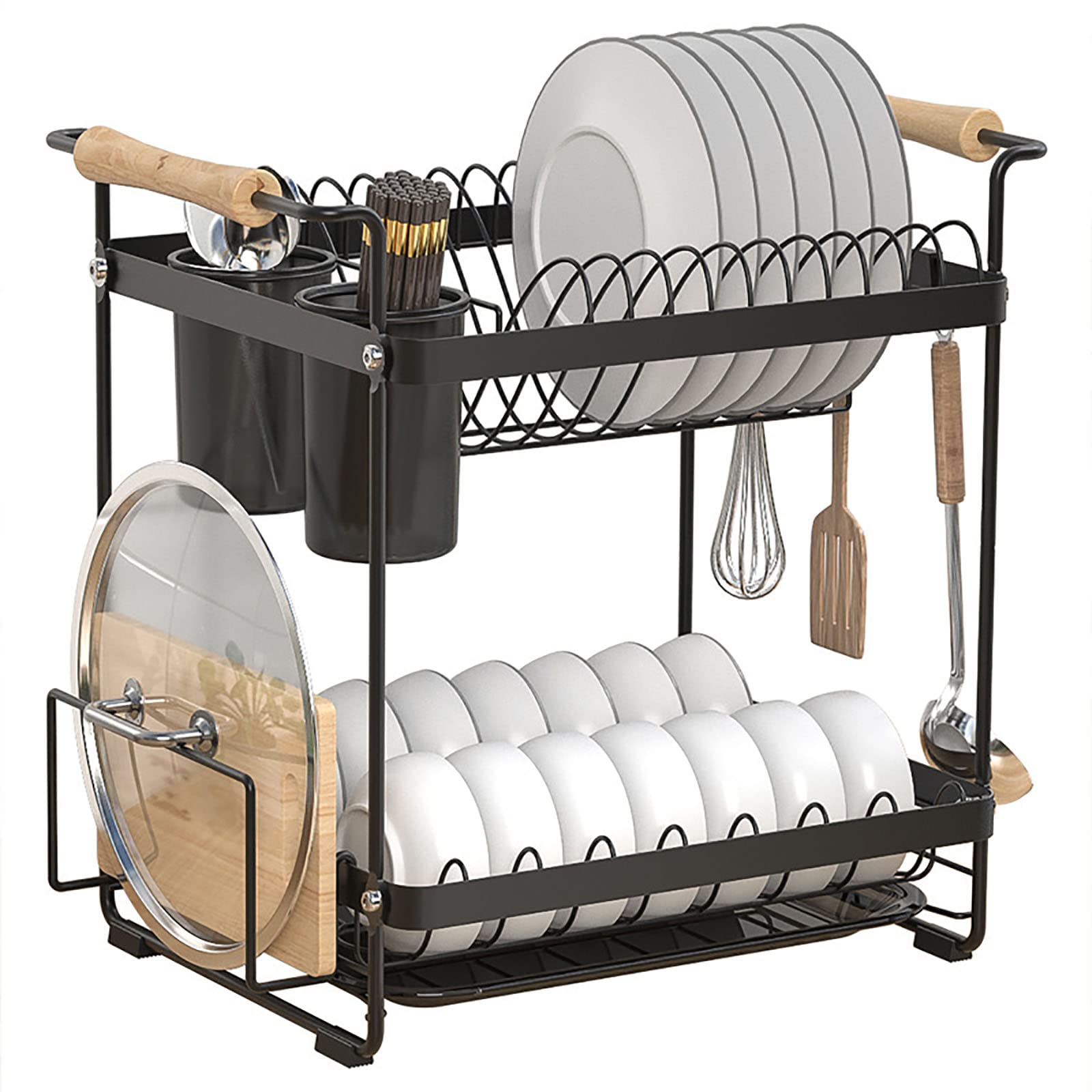 SaryEdge Dish Drainers 2 Tier Dish Rack Stainless Steel,Dish Drying Rack With Utensil Knife Holder And Cutting Board Holder,Dish Drainer For Kitchen Counter With Removable Drain,