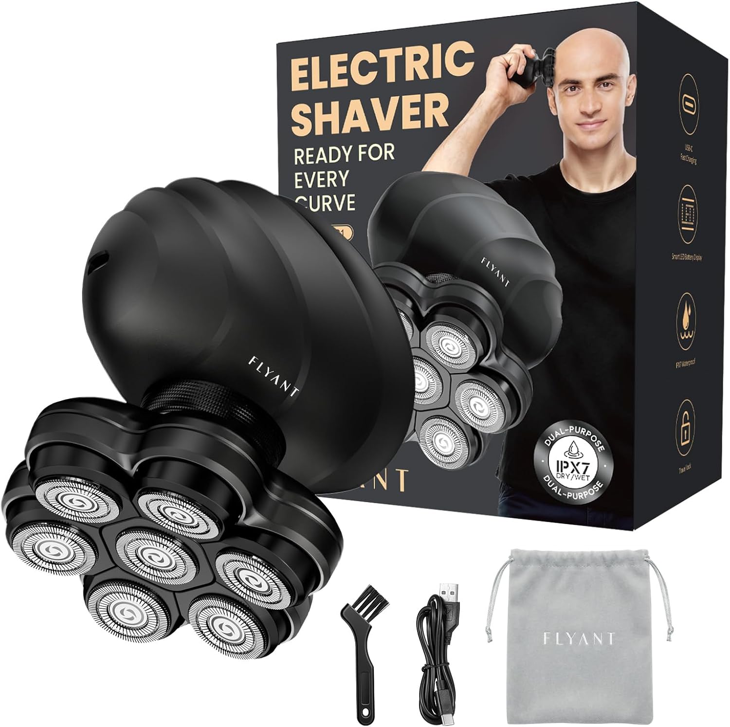 Flyant 7D Arc Electric Head & Body Hair Shaver, Upgraded Detachable Head Shaver, Waterproof Wet & Dry Electric Razor for Face, Beard & Neck, Ergonomic Shell Design with LED Display, Matte Onyx Black