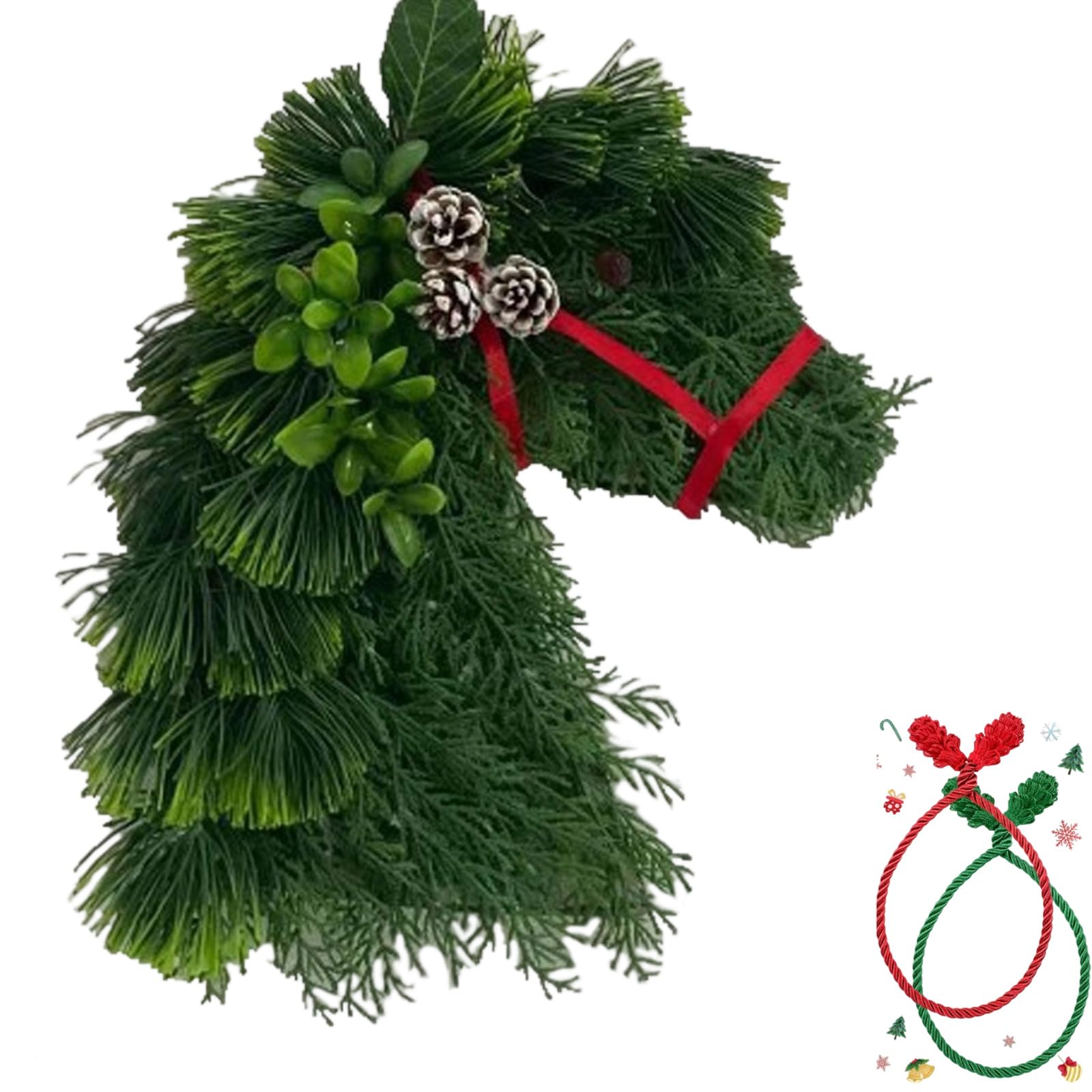 Horse Head Wreath, Real Touch Garland, Artificial Branch Wreath Decoration, Christmas Wreaths for Front Door, Horse Heads Christmas Wreaths for Farmhouse Wall Window Porch Decor (1PC-A)
