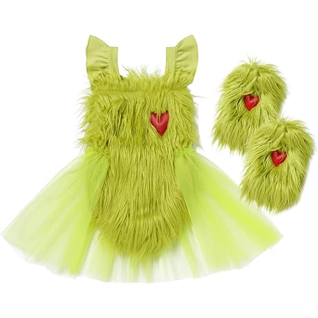 Toddler Grinch Hat and Tulle Tutu Romper Dress Costume Set