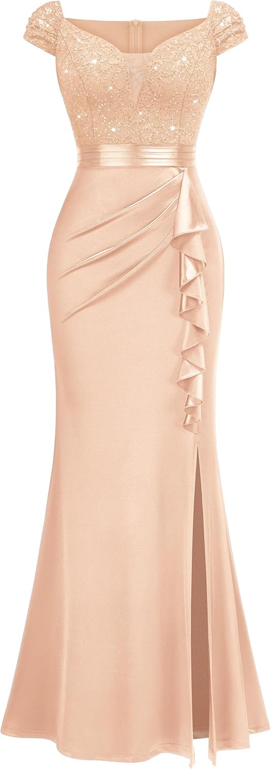 Miusol Women's Vintage V-Neck Slim Style Ruffle Split Evening Formal Maxi Dress - Image 4