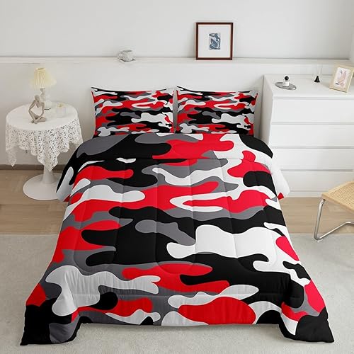 Miniatura 2 de Erosebridal Juego de ropa de cama de camuflaje, juego de edredón rojo y negro de camuflaje tamaño King para niños y niñas, juego de edredón de