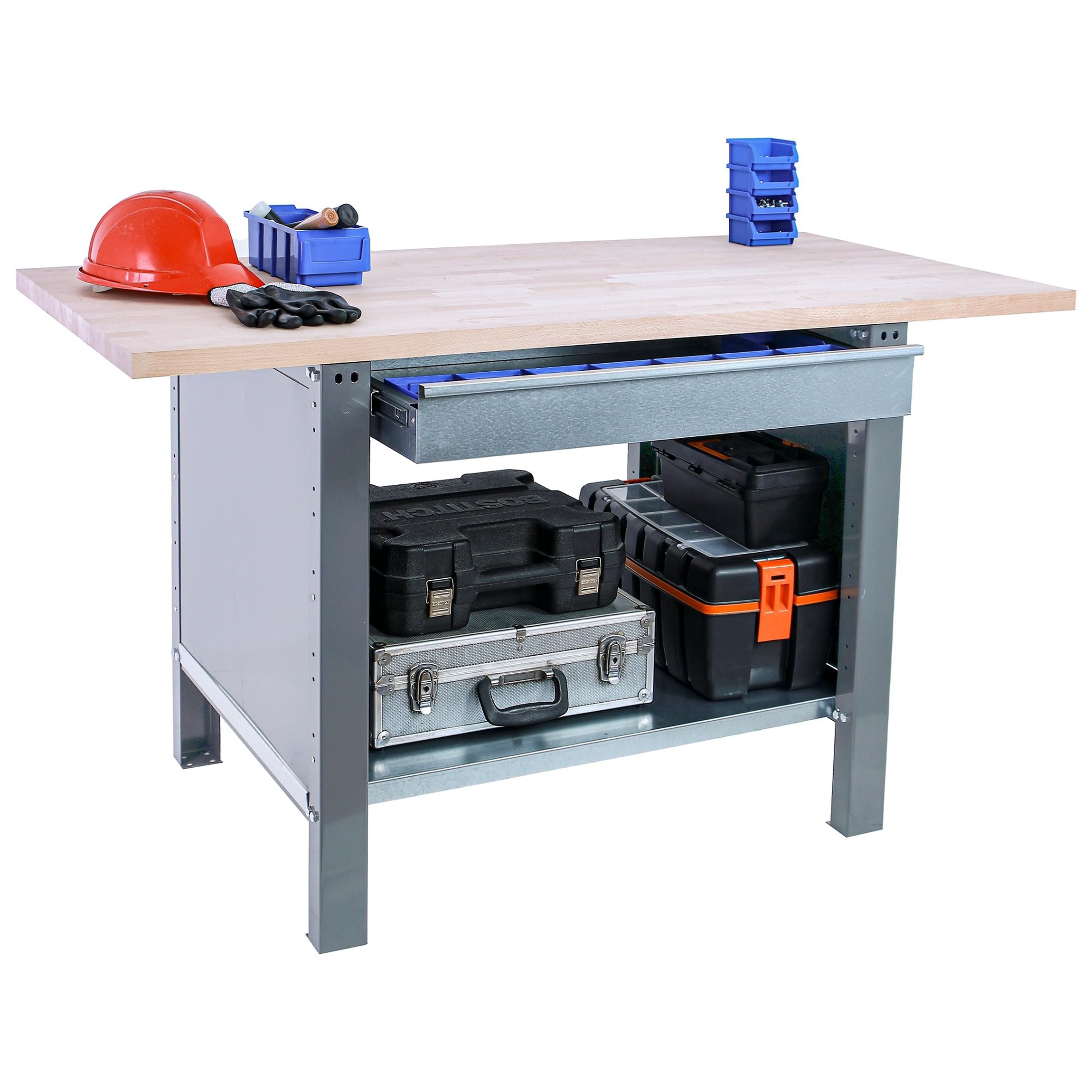 SimonRack Banco de Trabajo Taller, Capacidad Carga 1000 kg, 865x1200x750 mm, Mesa de Trabajo, 1 Cajón, Gris/Haya - BT6 PRO | Tablero Madera Alistonada 32 mm, Capacidad Carga 1000 kg, Madera Haya, Gris , Pintura anticorrosión