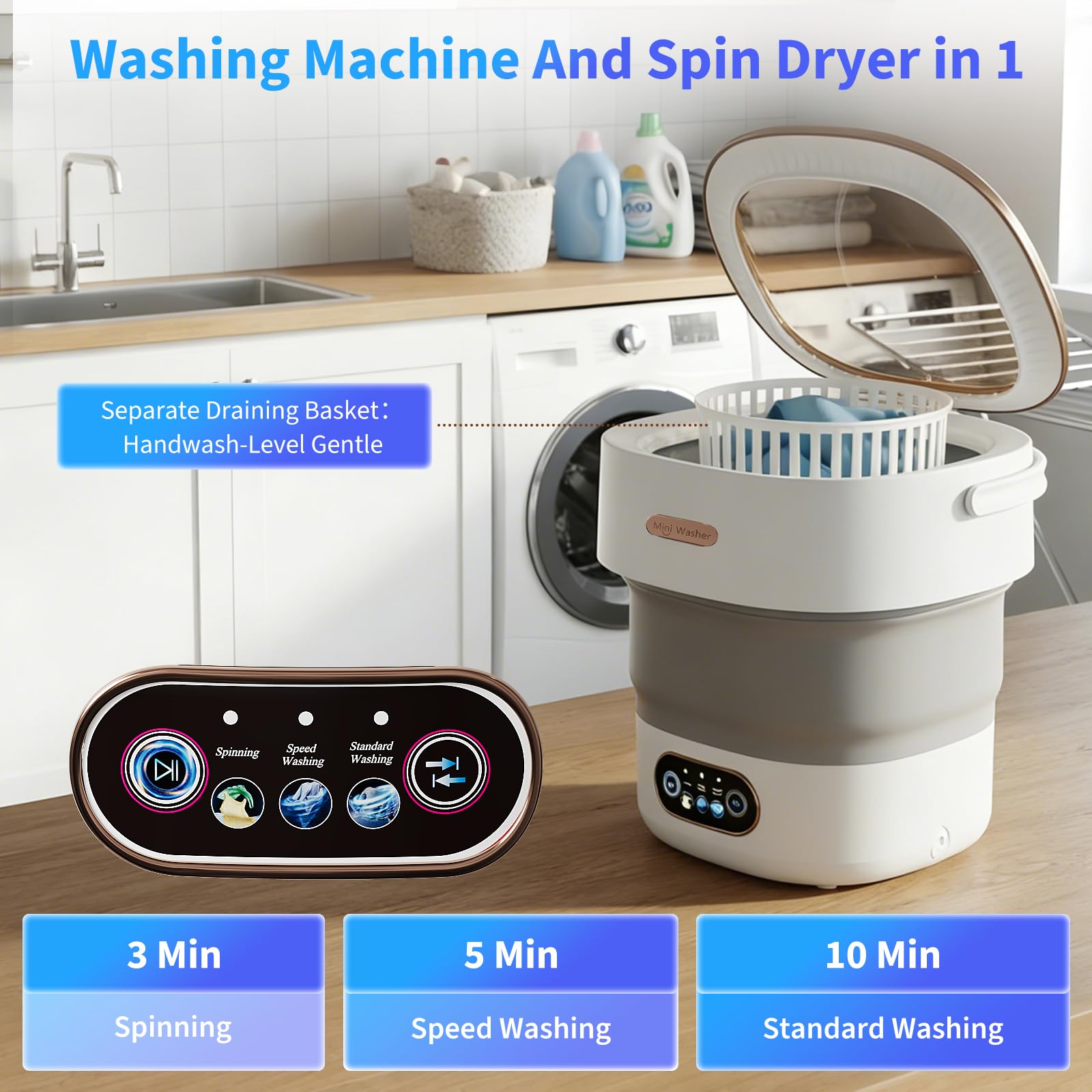 Mini lavadora plegable de 12 – 13 L, compacta y portátil, silenciosa, ahorro de energía, con centrifugado, para apartamentos, ropa interior y bebé, calcetines, ropa pequeña