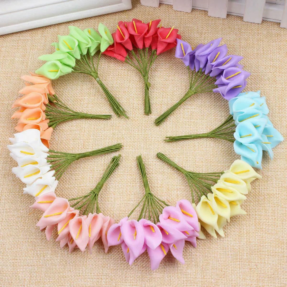 AYHTUD 12/36/72/144pcs Mini Foam Calla Lily Fake Flowers Bouquet Artificial Flowers for Decoration Wedding Decoration Valentine's Day- color mixing-72pcs