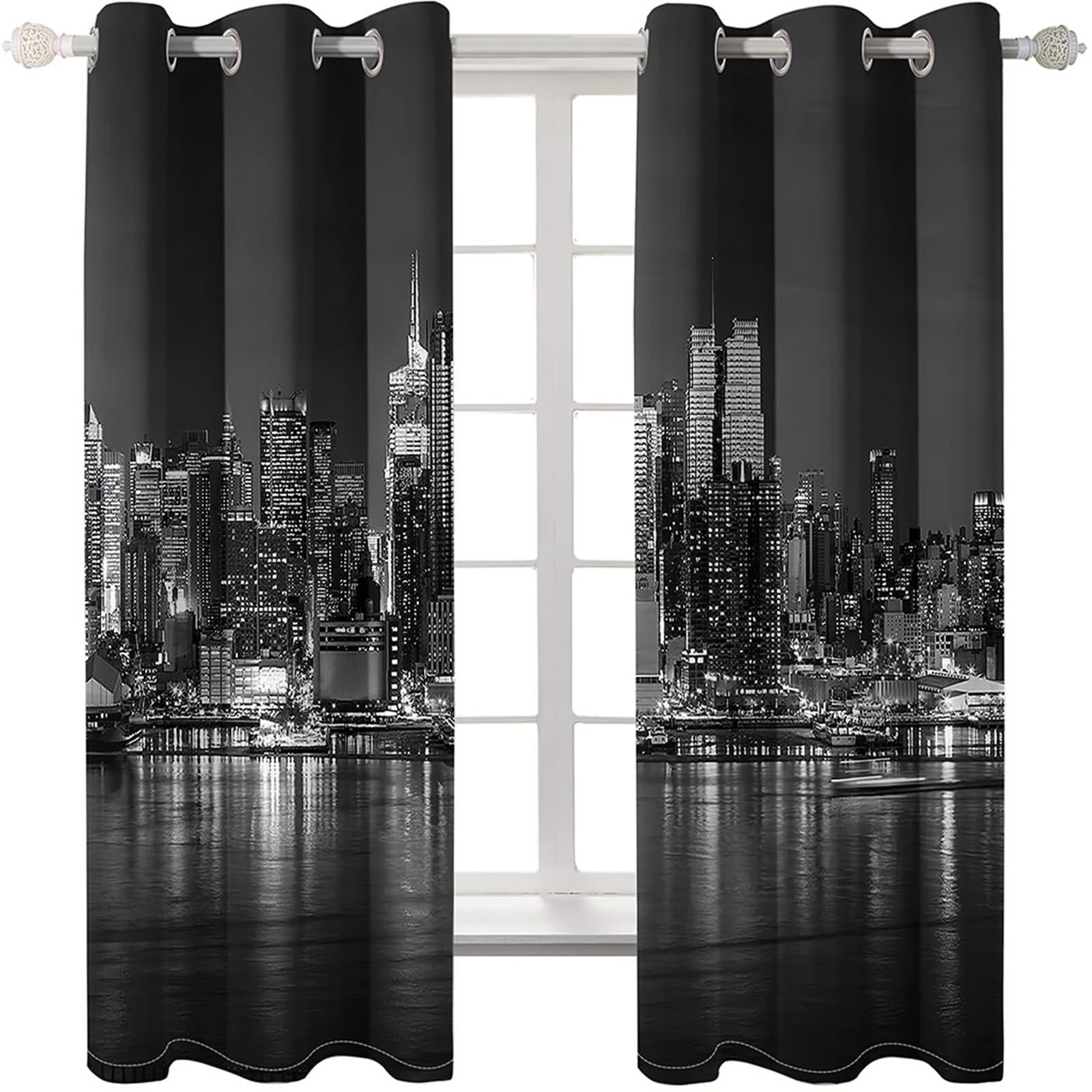 Rideau de Fenetre Interieur Salle de Bain, Rideau Boheme Exterieur Gris Foncé Paysage de Construction de La Ville Côtière Polyester Lot de 2 468x214cm