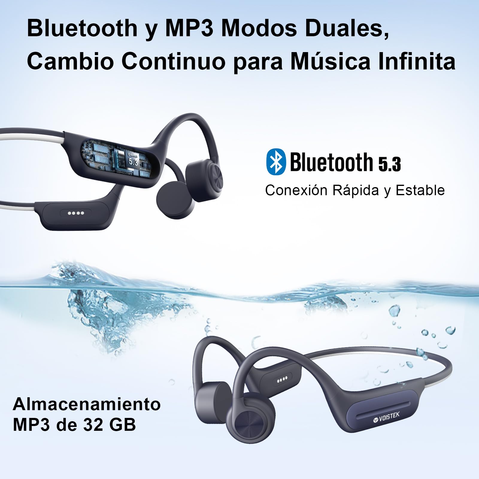 Voistek Auriculares de Conducción Ósea, Bluetooth 5.3 IP68 Impermeables, Reproductor MP3 de 32GB, Deportivos de Oreja Abierta Inalámbricos para Nadar, Correr, Andar