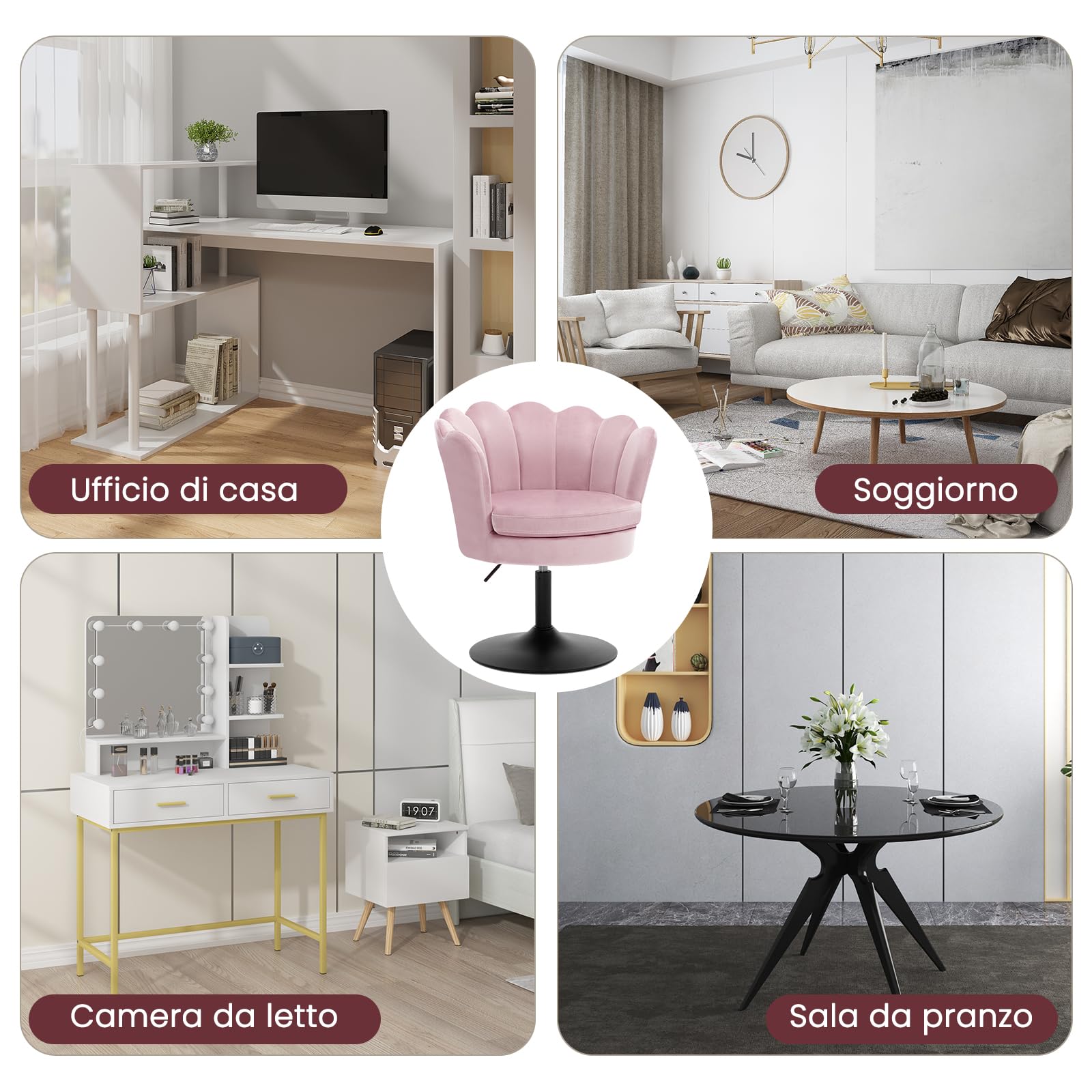 WOLTU Sedia da Trucco, Sgabello Cucina, Poltrona con Seduta a Forma di Fiore, Girevole a 360°, Sedia in Velluto per Camera da Letto, Soggiorno, Altezza Regolabile 43-55 cm, Rosa
