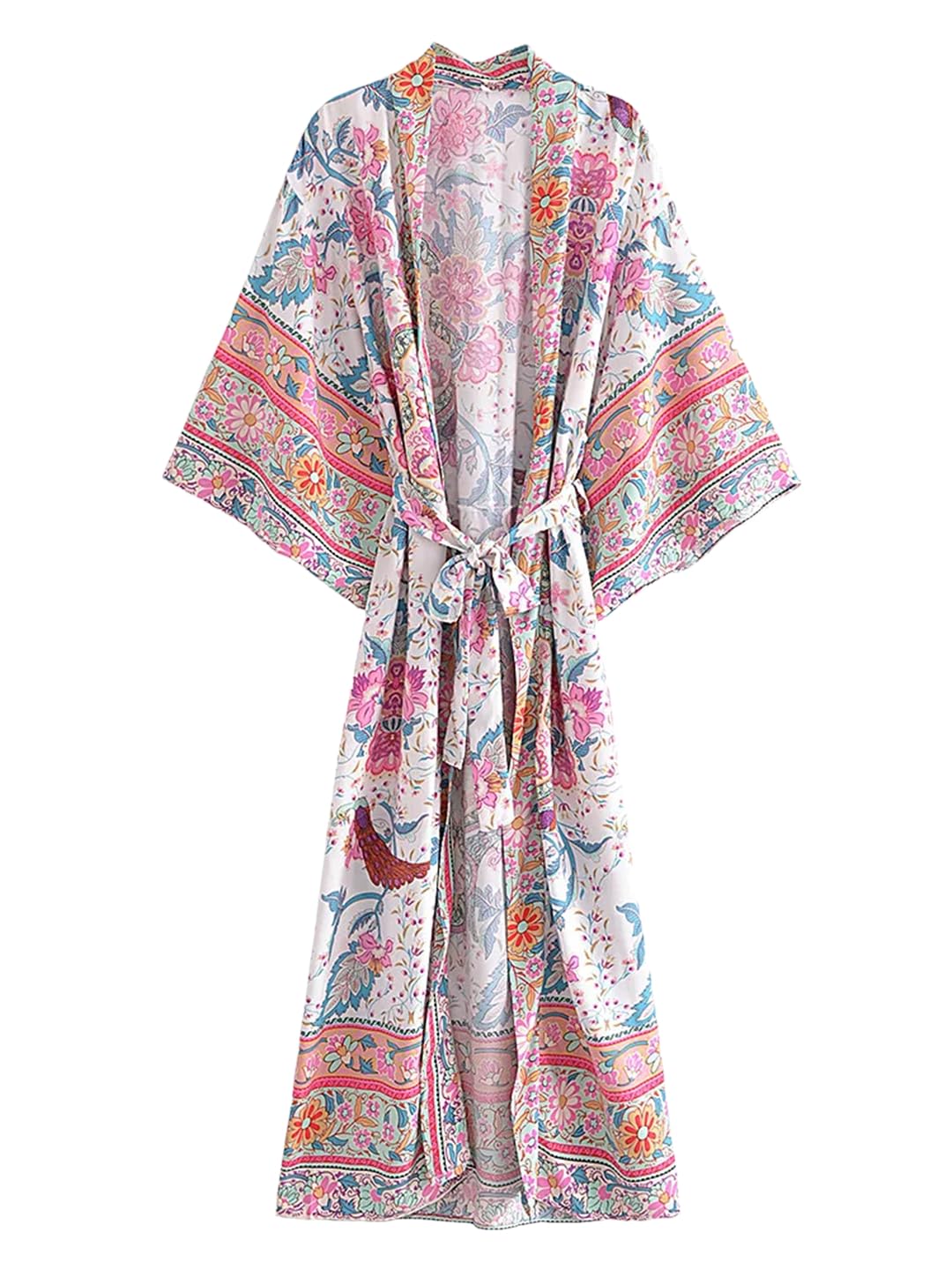 Disimlarl Kimono bohemio con estampado de manga murciélago para mujer, cuello en V, borla, manga larga, para cubrir el bikini
