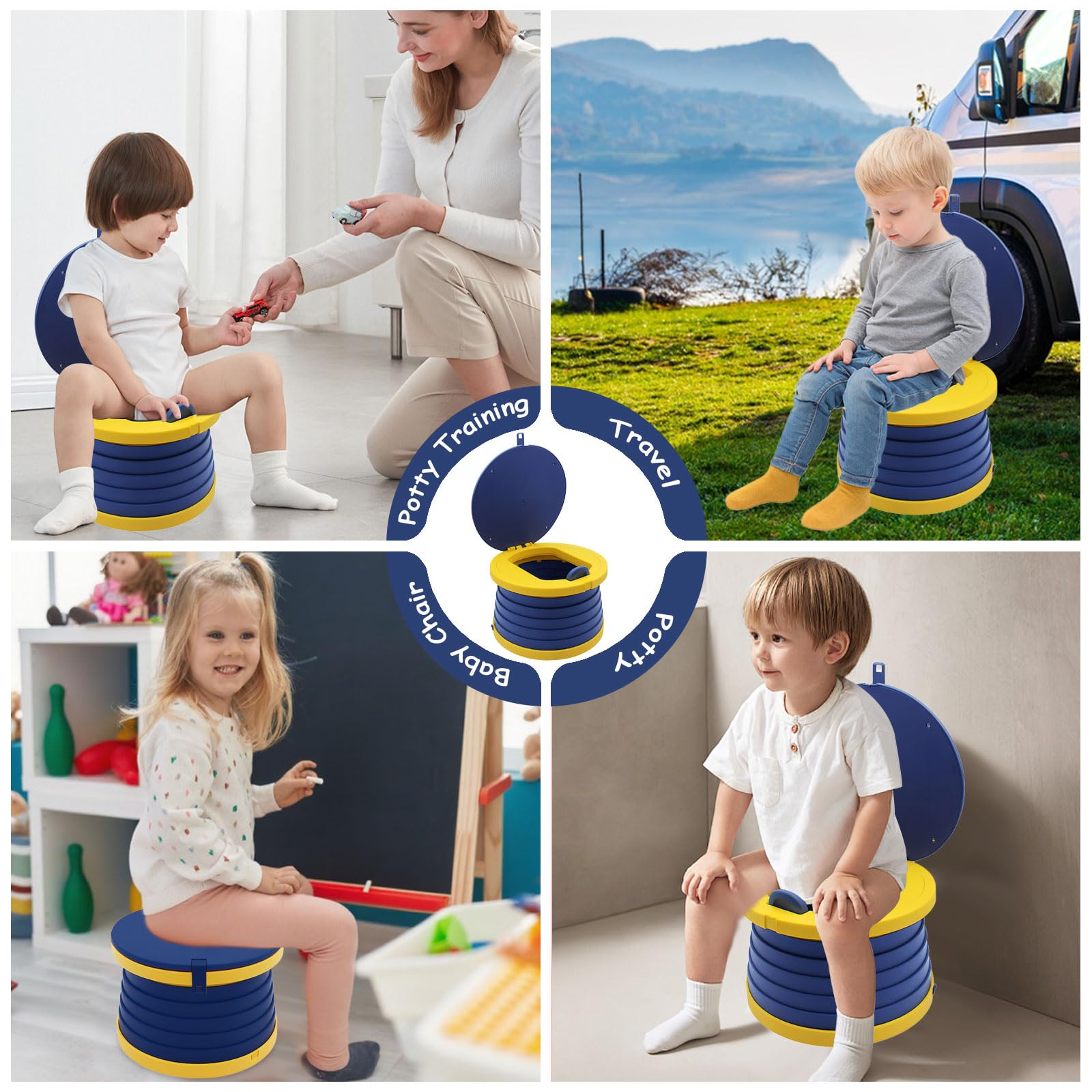 Siège Toilette Pliable, Pot de Voyage pour Enfant, Toilette Portable Enfant, Siège de Pot WC, avec Rouler Sacs, Sac de Rangement, pour Voyages Camping Voiture Plage Excursion Usage Familial
