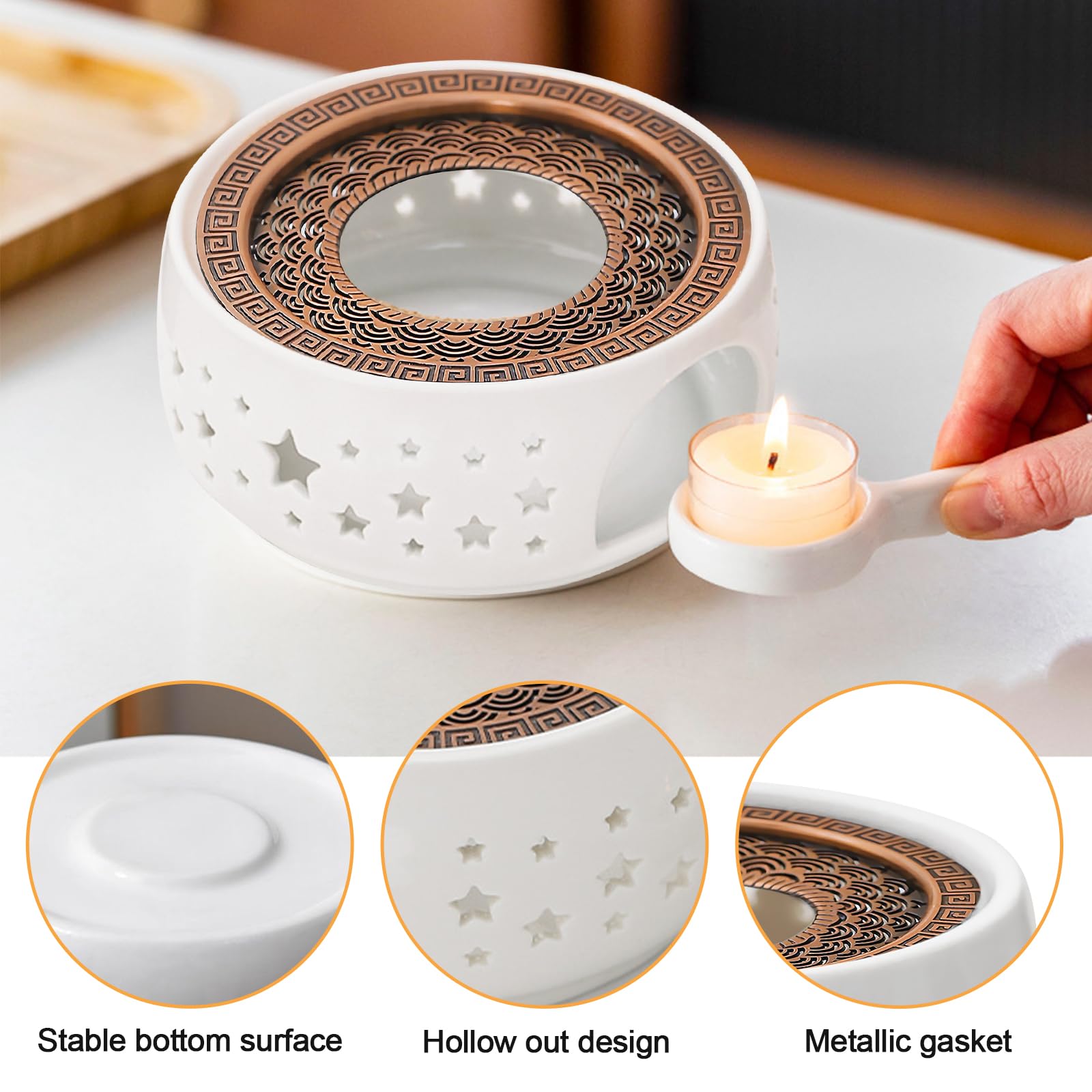 PORFOYO Calentador de Tetera Cerámica con Soporte para Vela, Diseño Tallado Hueco