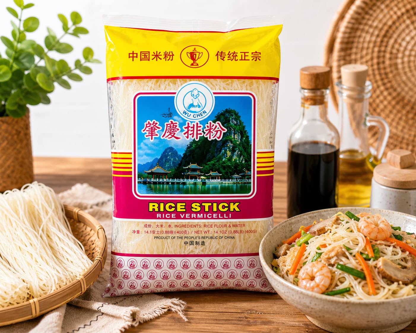 Noriko Wu Chen Rice Stick Vermicelli • Authentic Asian-Style Gluten-Free Rice Noodles, 14.1 oz ℮ 400 g 1