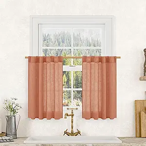 LAMIT 30 Inch Linen Kitchen Curtains, Semi Sheer Light Filtering Window Panels Back Tab and Rod Pocket Drapes for Basement/Small Windows, Terracotta, 25 x 30 Inch, 2 Panels