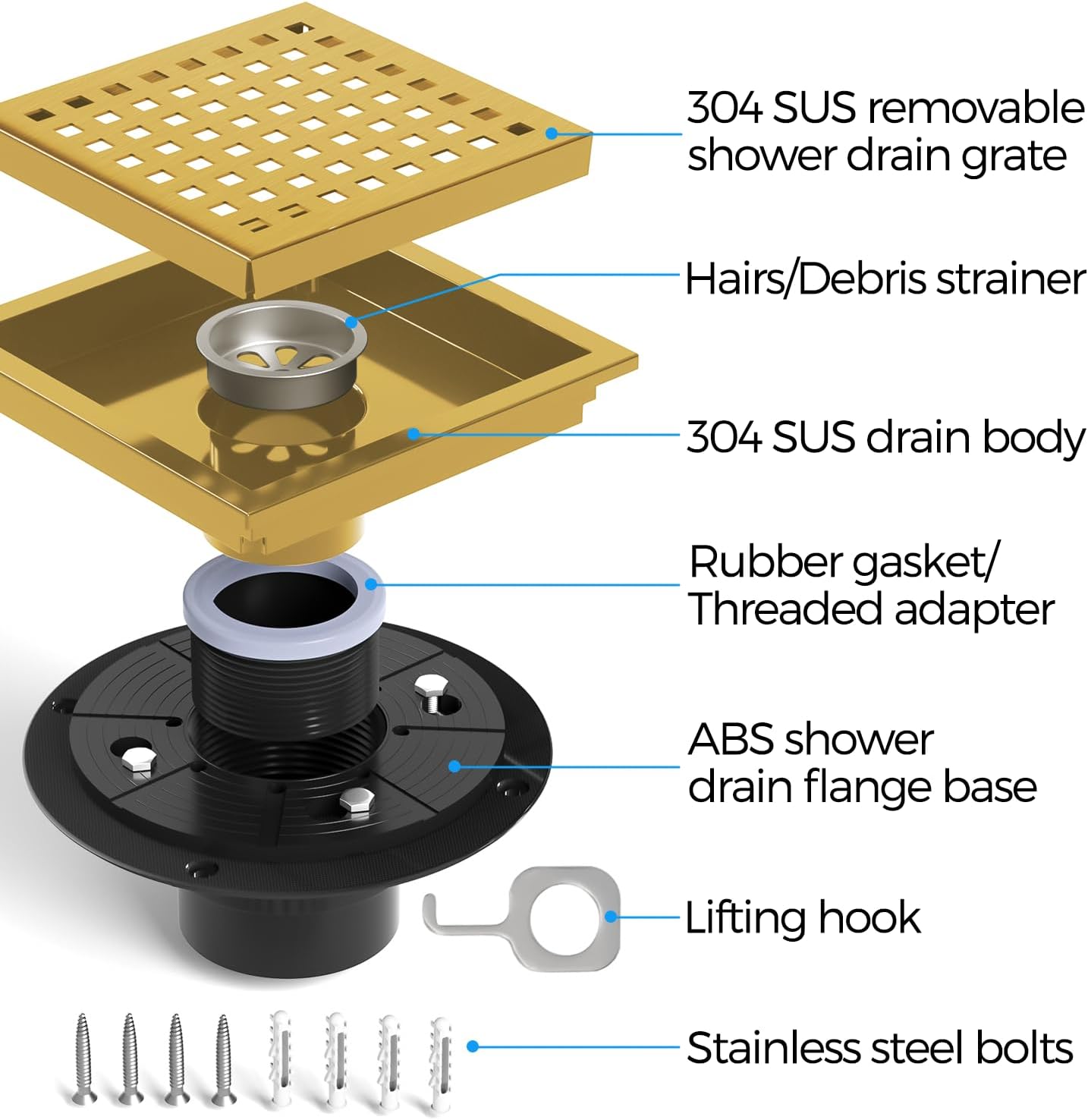 zaa 6 Inch Square Shower Drain, Bathroom Floor Drain, 304 Stainless Steel Shower Floor Drain Kit with Flange, Removable Shower Drain Grate with Hair Strainer, Gold