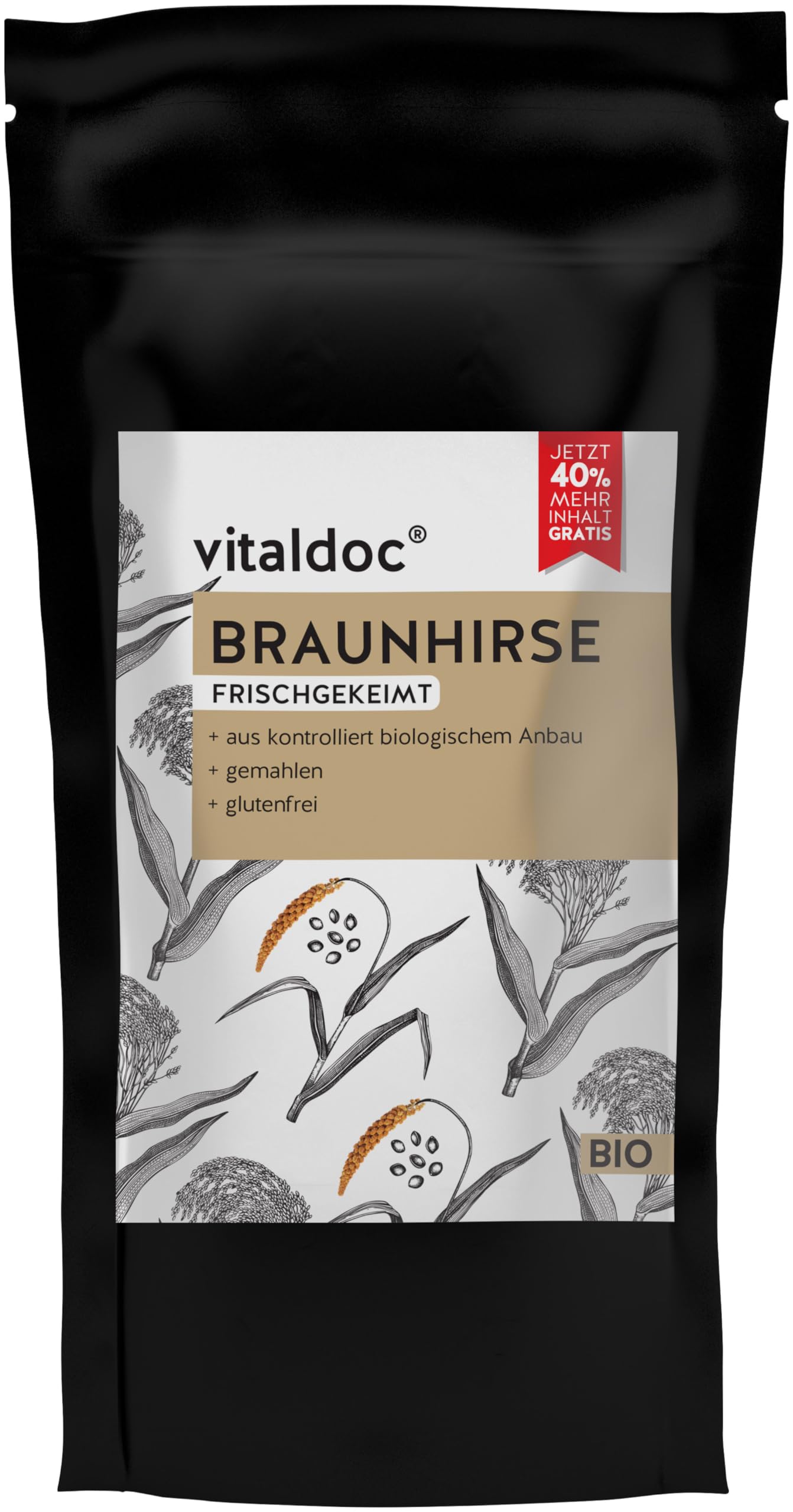 vitaldoc© | BIO-Braunhirse frischgekeimt 250 g + 100 g | Rohkost | Glutenfrei | Vegan | BIO | Reich an natürlichem Silicium | GESUND & Leben Qualität