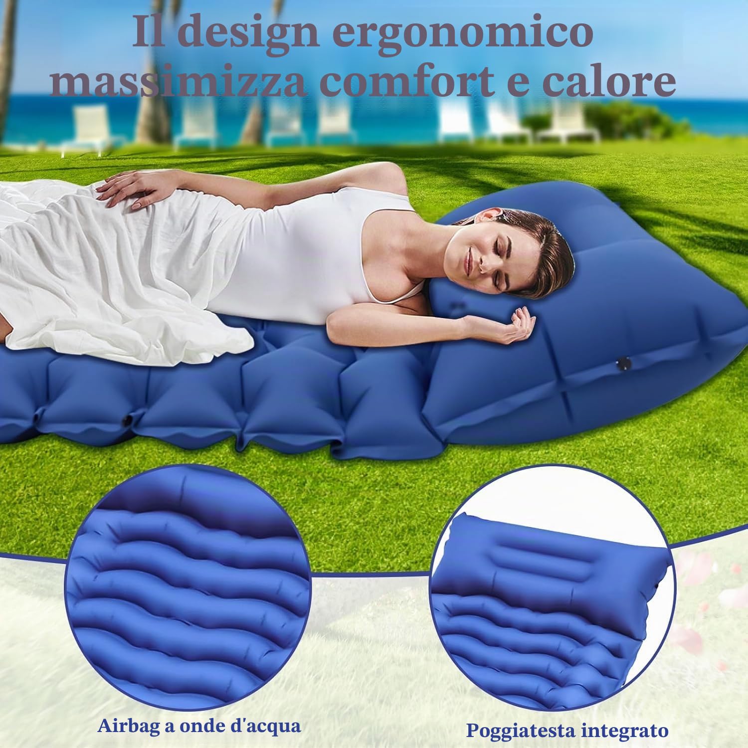 Materassino da Campeggio, Autogonfiante Materasso Ultraleggero & Impermeabile, con Cuscino, Design 3D Ergonomico, Materasso Gonfiabile Singolo per Campeggio, Trekking, Escursionismo e Tenda