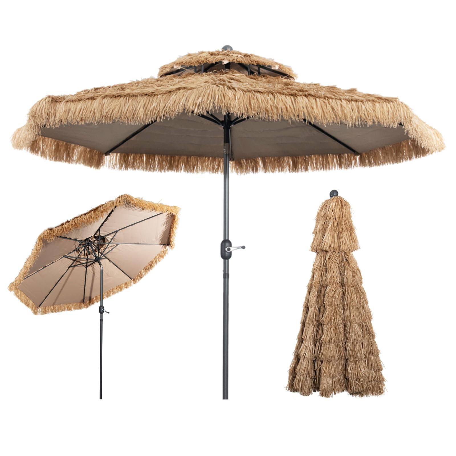 RELAX4LIFE Hawaii Sonnenschirm 300 cm, Reisstroh Strandschirm, Strohschirm mit Neigungsfunktion, Balkonschirm mit Doppeldach, Gartenschirm UV-beständig, Terrassenschirm für Garten & Strand