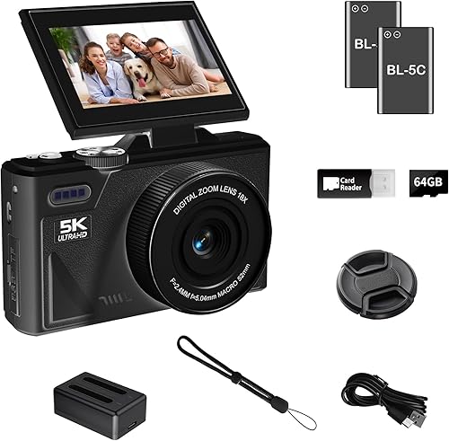 Miniatura 10 de Cámara digital 5K para fotografía con WiFi, cámara de vlogging Ultra HD de 75MP para YouTube con pantalla abatible de 180° de 3 pulgadas, cámaras