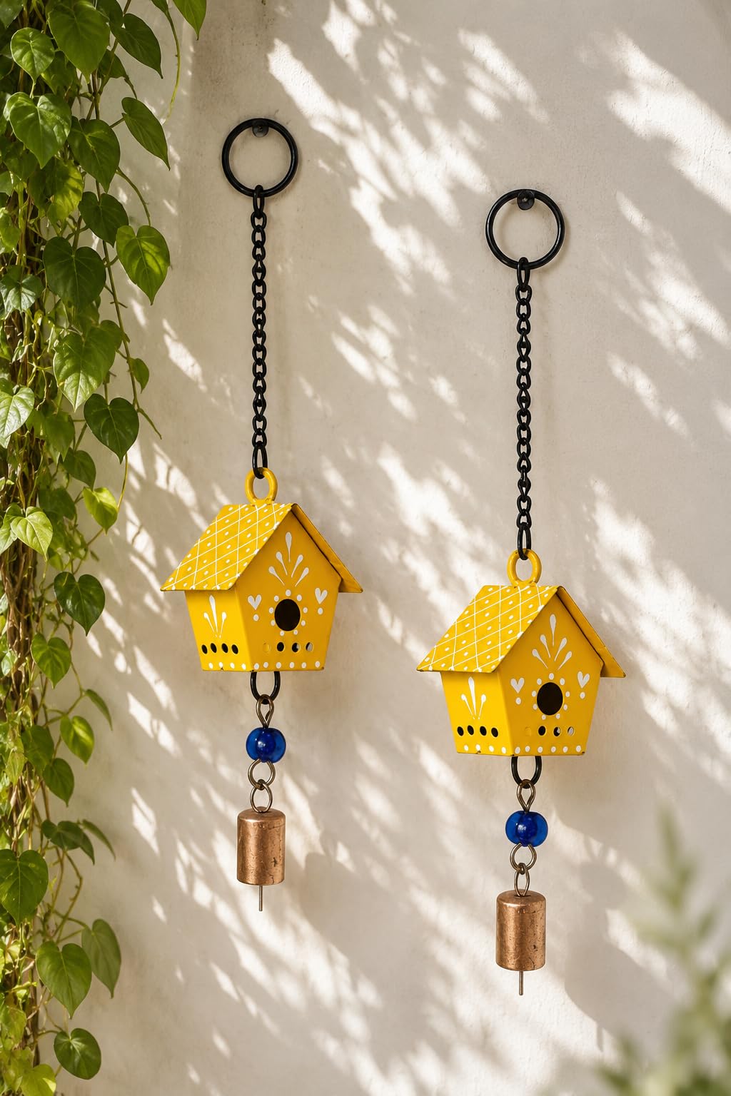 WARMINGO DE 2 Pc Hut Wall Hanging Decor | Garden Tree Hanging Bells Decoration | Handpainted Hanging Ornaments for Home Living Room Wind Chime (Yellow)-image-35