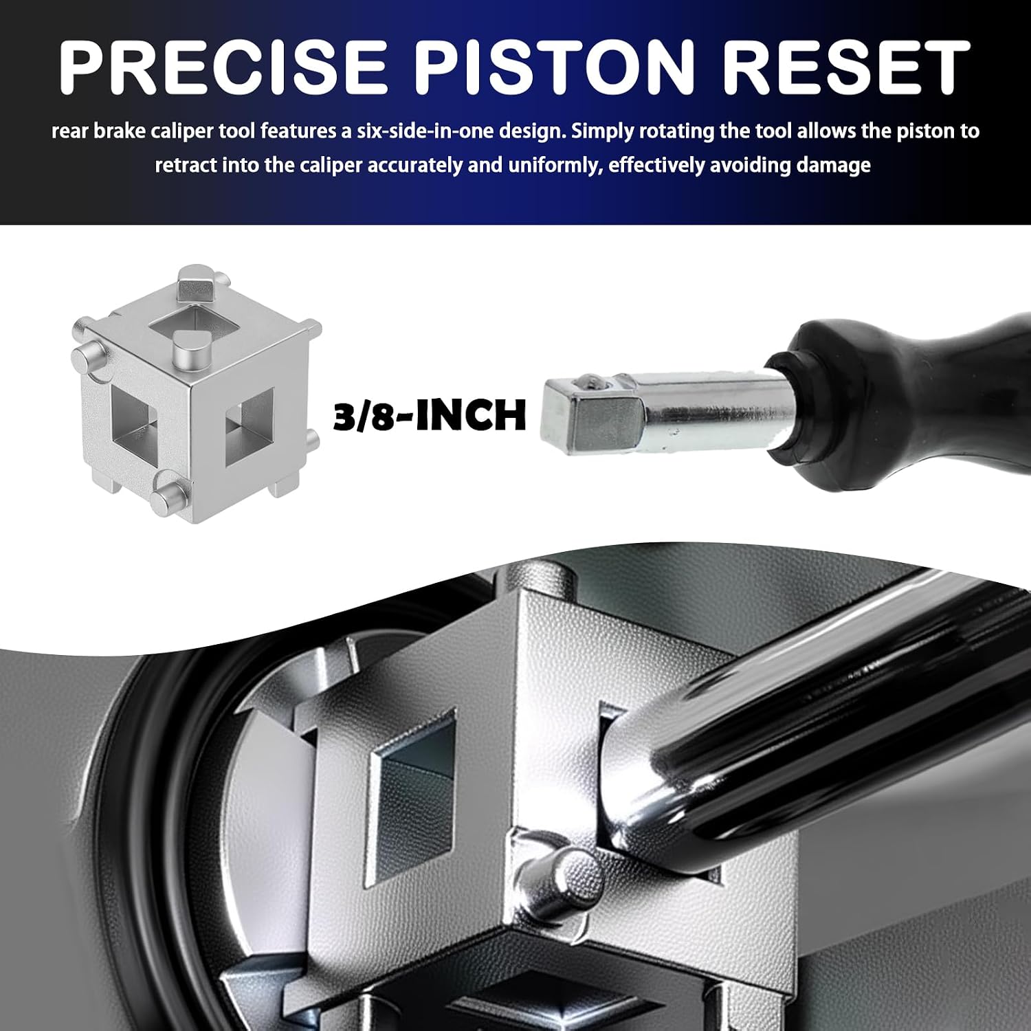 Car Cube Brake Caliper Compression Tool with 3/8 Inch Square Drive,Steel 6 Side Rear Brake Caliper Tool for Piston Adjustment,Multi-Function Disc Rear Calipers Piston Tools