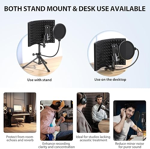 Miniatura 4 de Escudo de aislamiento de micrófono de grabación de estudio con filtro pop y trípode de metal, micrófono condensador USB para PC, portátil, teléfono