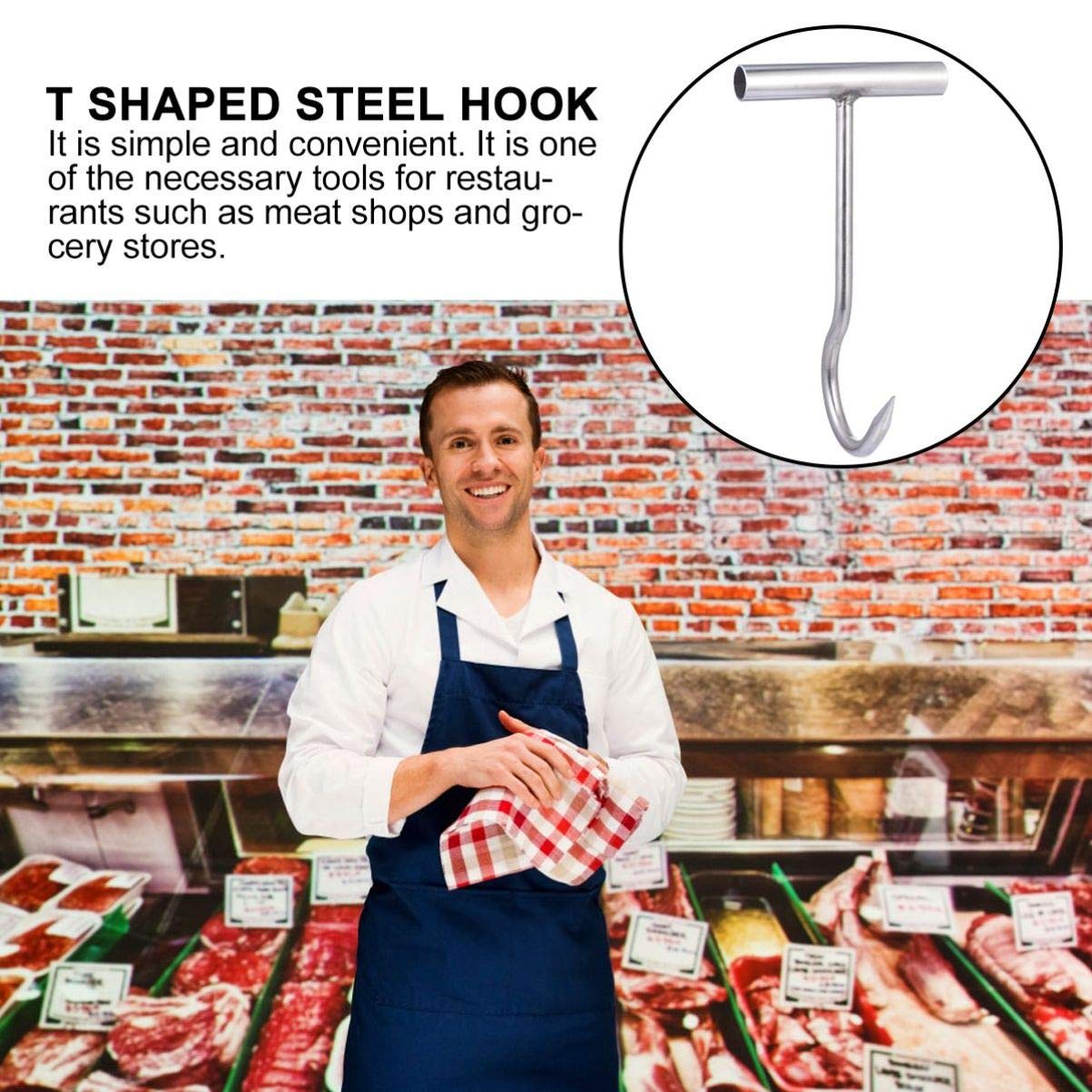 iplusmile Stainless Steel Meat Hook - à viande - de boucher - En acier inoxydable - en T - Avec poignée - réversible pour rôtir - Outil de barbecue - Argenté