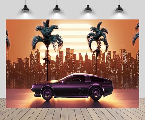 9x6ft Cyberpunk Car Backdrop Retro Futuristic Cyber City Skyscraper Tropical Tree Punk Racing Car Background Comic Game Racer Punk Birthday Party