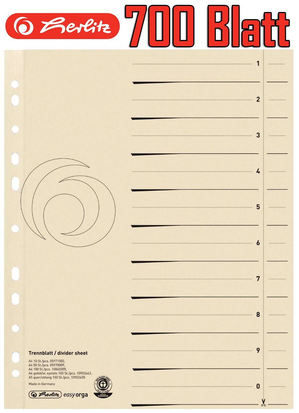 Herlitz 10840205 Trennblatt A4, Manilakarton, 180 g/qm, chamois (7 x 100 Blatt)