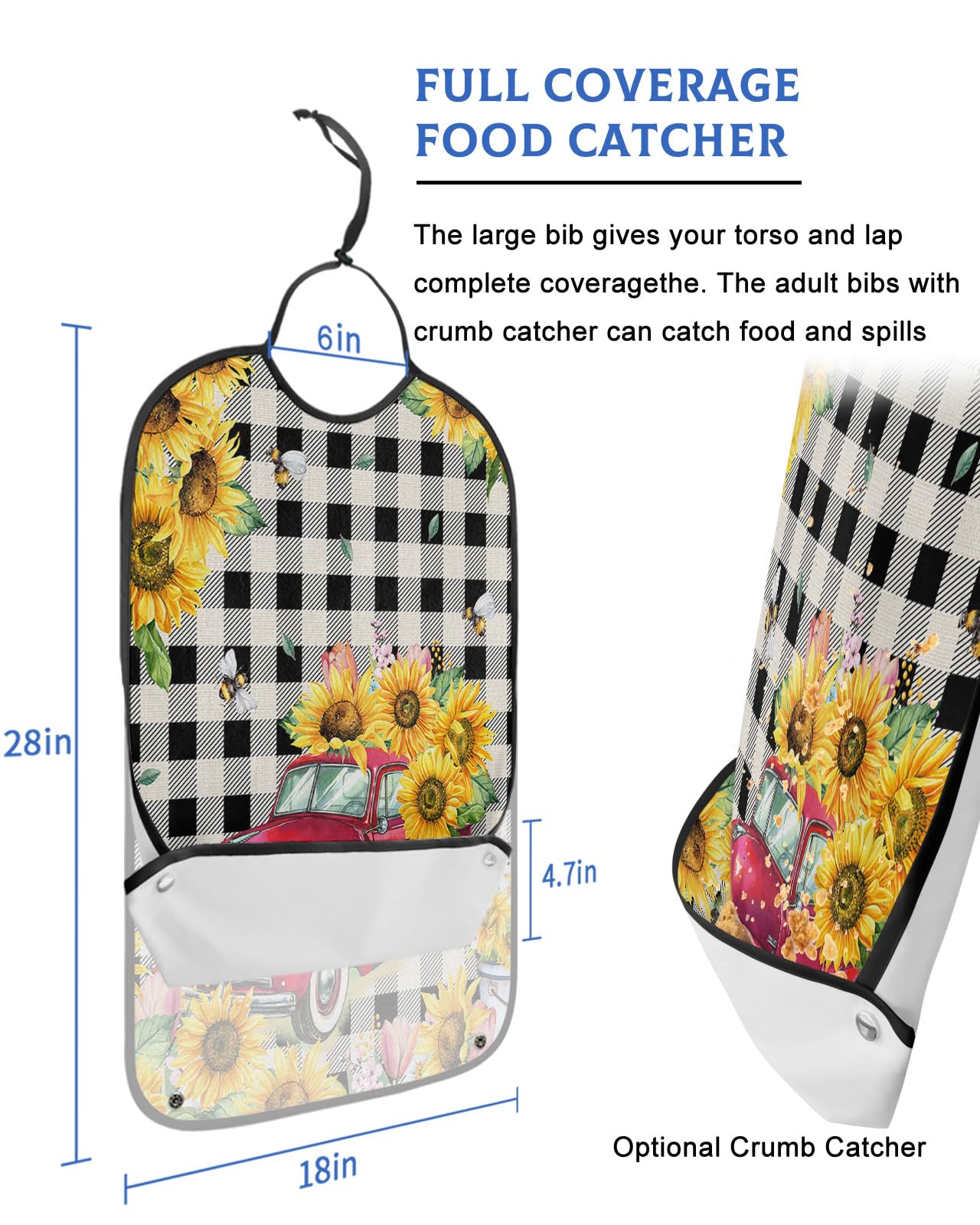 Kewadony Adult Bibs for Elderly Women - Farmhouse Sunflower Truck Waterproof Dining Clothing Protectors with Crumb Catcher for Eating/Feeding, Country Floral Black Checkered Terry Cloth Bib Washable