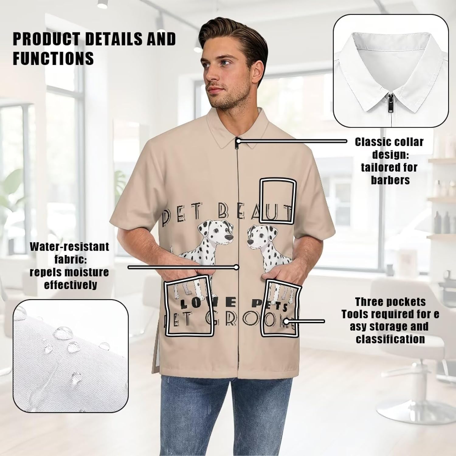 Women Men Barber Work Coat Waterproof Fabric Salon Stylist Tunic Uniform with Pockets for Hairdresser Vet Pet Groomer