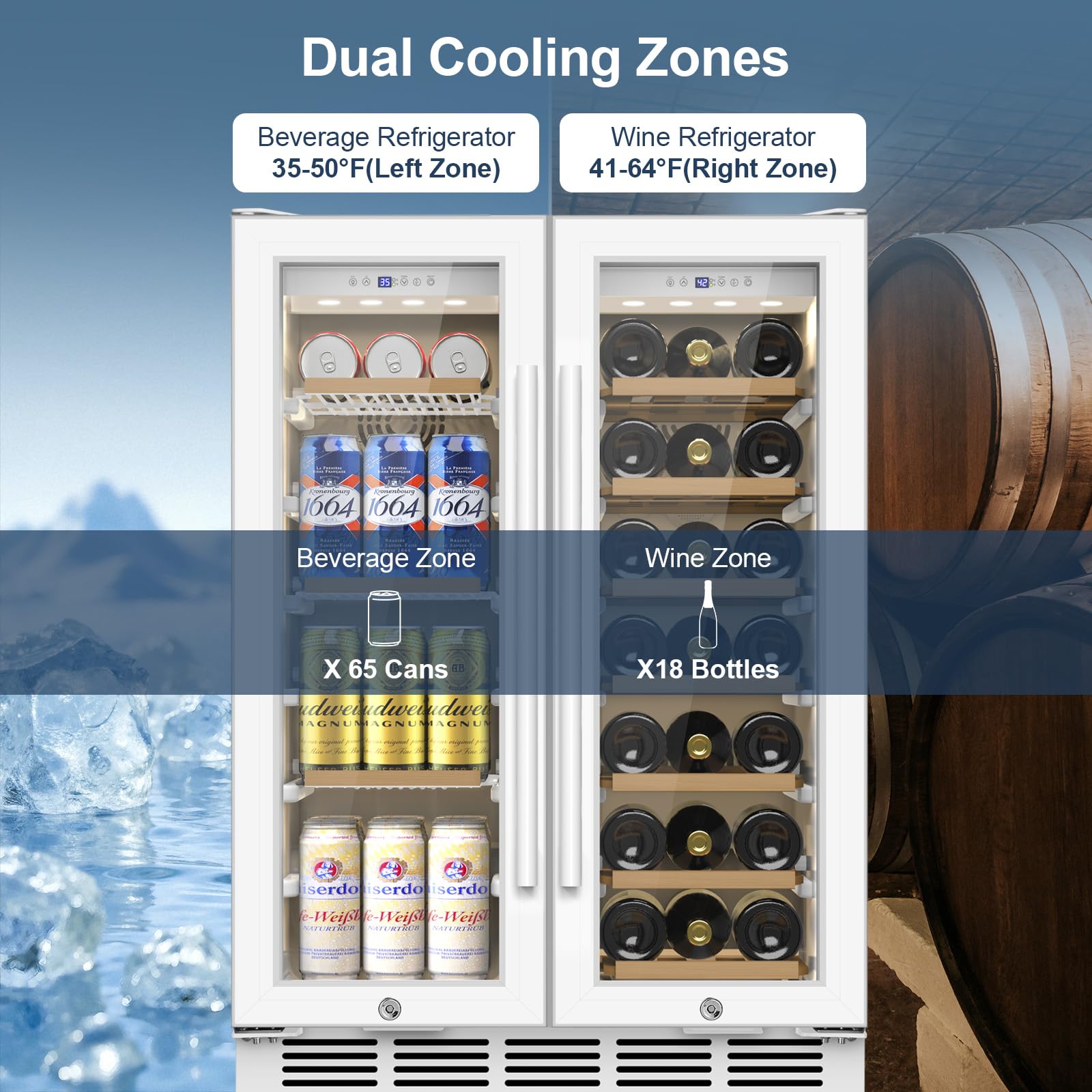 Fomup Wine And Beverage Refrigerator, 24 Inch Beverage Cooler Dual Zone With Glass Door, Under Counter Beverage Fridge With Upgraded 65 Cans 18 Bottles Large Capacity, White on Fridge.com - View 2