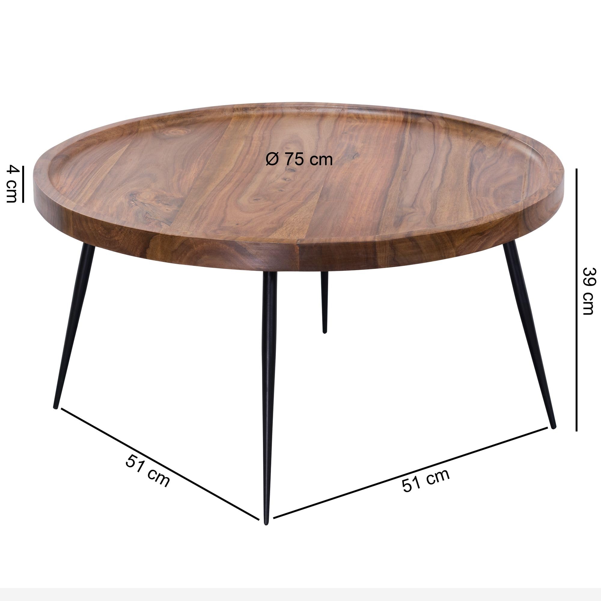 FineBuy Couchtisch Rund 75x75x39 cm Sheesham Massivholz, Metallbeine | Wohnzimmertisch im Industrial Stil, Sofatisch aus Echtholz, handgefertigt, jedes Stück ein Unikat