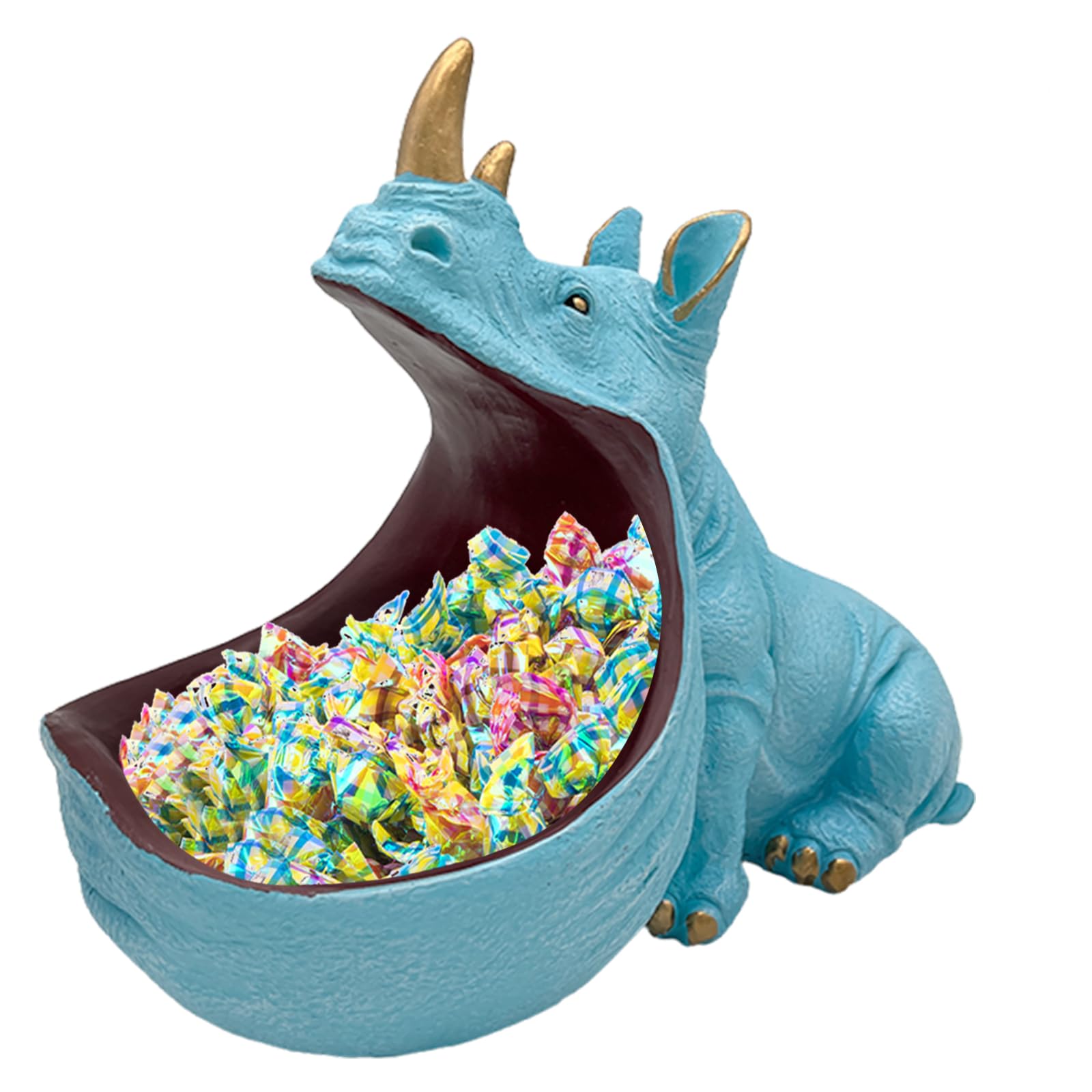 aboxooRhino Statue Home Decor Resin Figurine Funny Candy Dish,Key Bowl,Big Mouth Sculpture Table Art Decoration Sundries Container Storage Box,Office Desk,Livingroom(Light Blue)