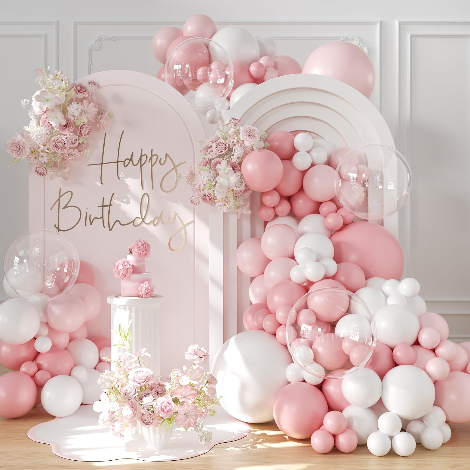 Pink Balloon Arch Kit 132Pcs Pink and White Balloon Arch Garland Kit Include Light Pink White Balloons Clear Balloons for Birthday Wedding Baby Shower