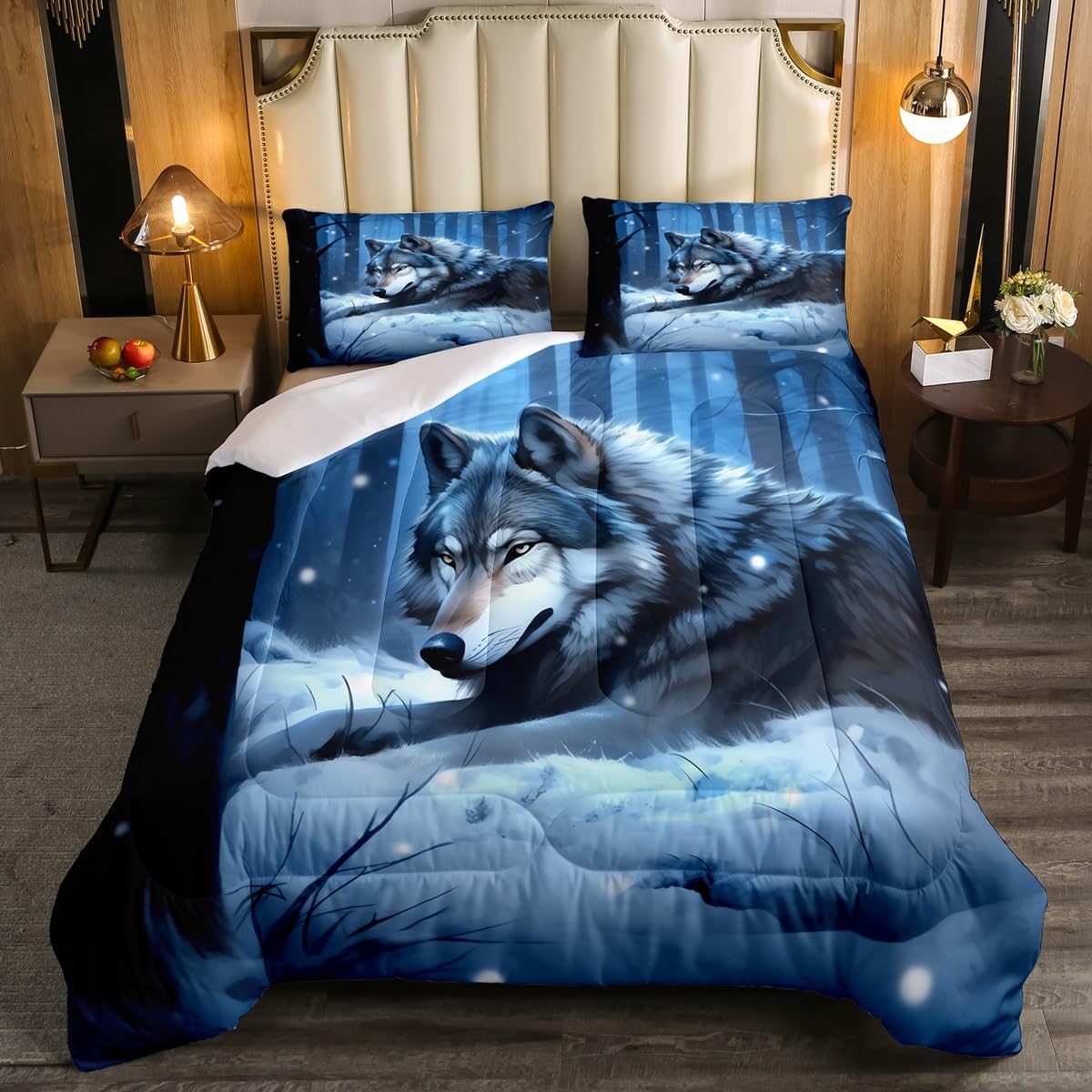 Erosebridal Wolf Comforter Set Twin Size, Snow Wolf Bedding Set,2 Pieces Chic Boho Bedding Teen Boys Bed in A Bag,Cool Wolf Wild Safari Animal Quilt