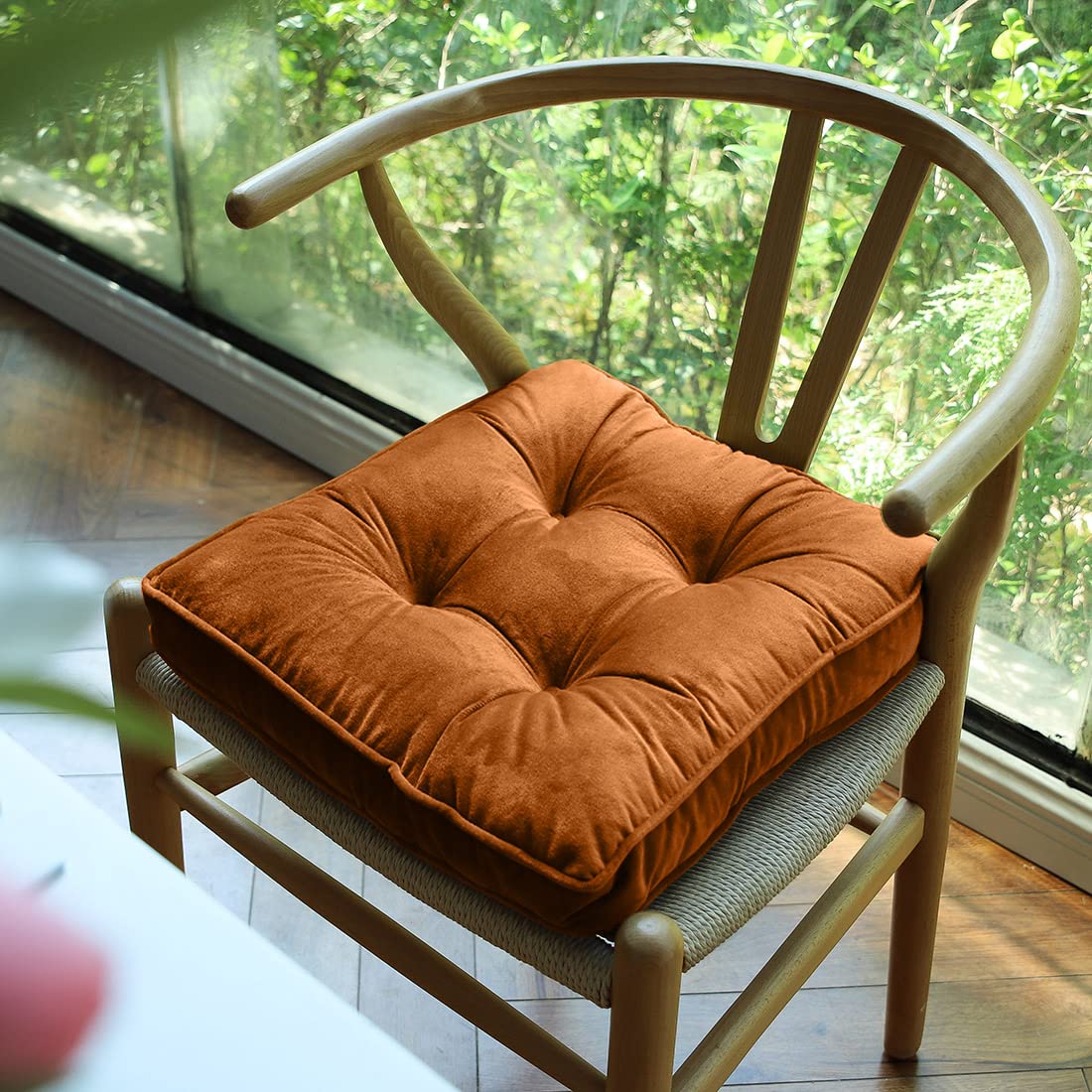 Soft Velvet Chair Pads with Ties Comfy Solid Seat Cushion for Dining Chairs, Office Chairs, Hardwood Floors (Dark Orange, 16"x16")