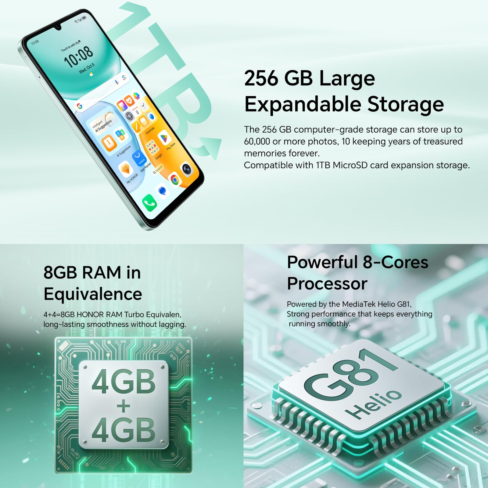 Honor X5c Plus 4G Smartphone, 4Go 256Go, Dual SIM, 5130mAh Batterie, 50Mpx Ultra-Net AI Caméra, Écran 6,7" 90Hz, MicroSD 1 to à Extensible, Android 15 Telephone Portable, Cyan