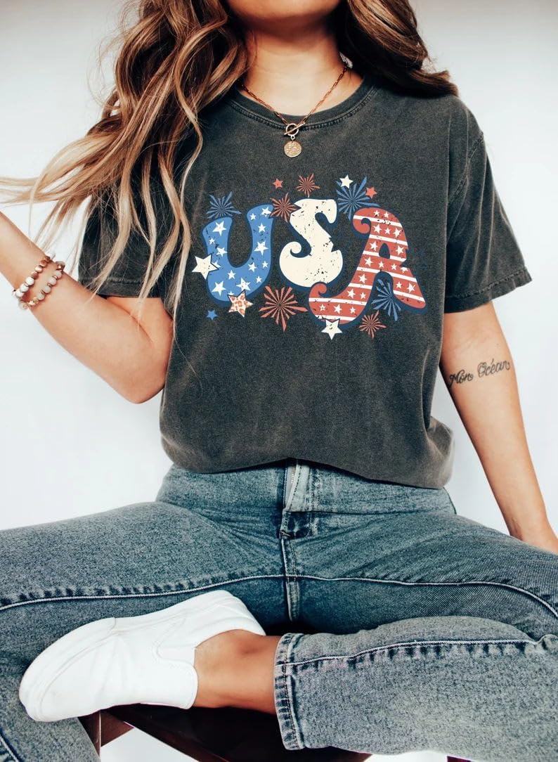 USA T Shirt Women 4th of July Shirts American Flag Vintage Graphic Short Sleeve Patriotic Tops Tees - Image 4